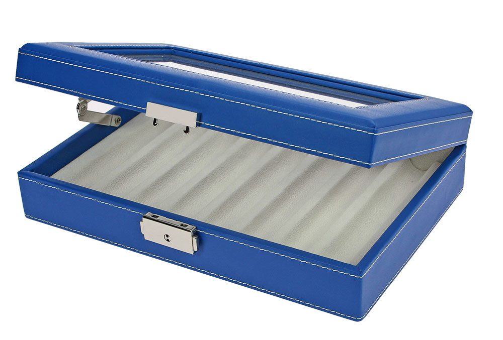 Safe-Album Vitrine Schreibgeräte-Kassette Blau Lederoptik 8 Fächer & Glaseinsatz