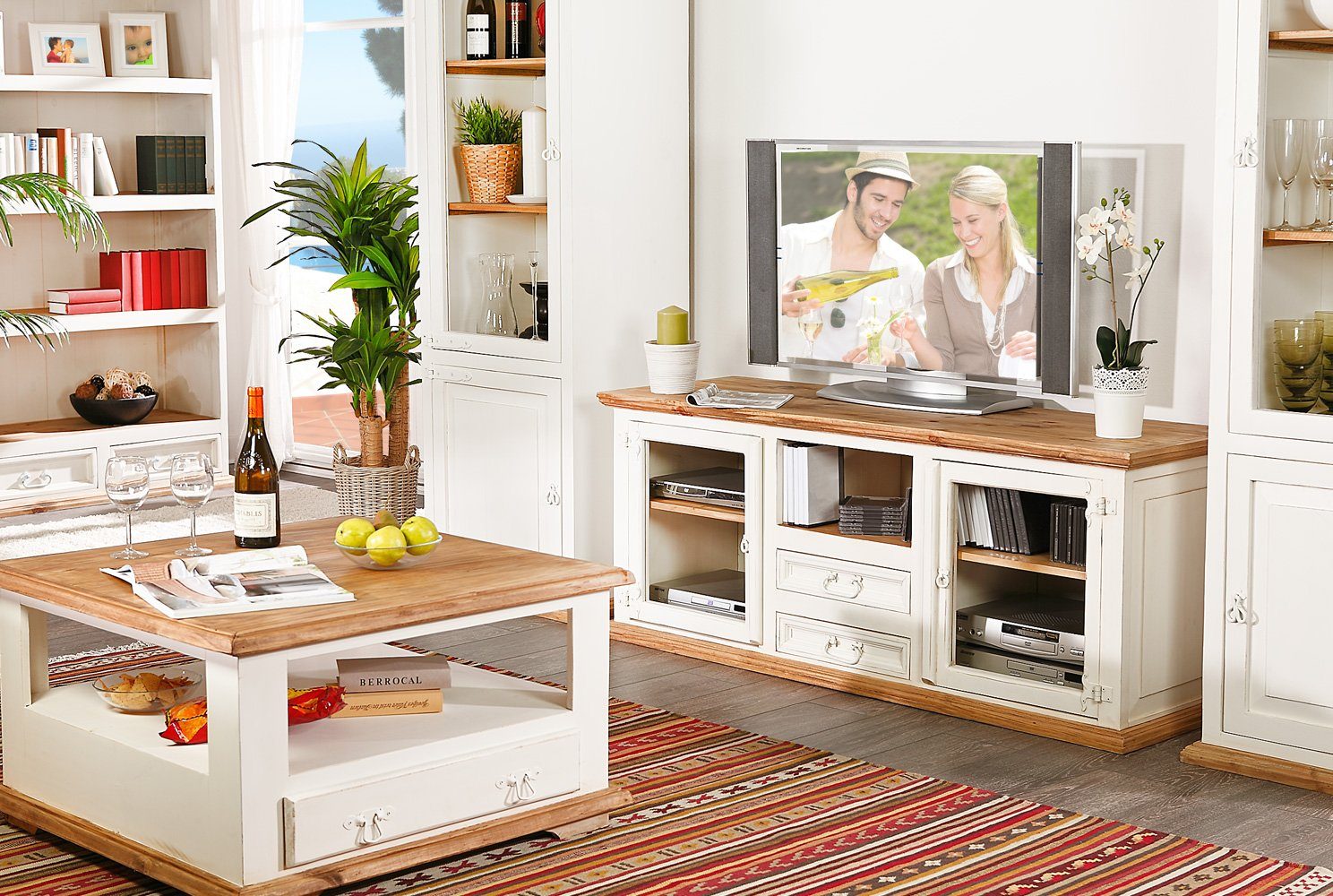 1a Direktimport TV-Board Mexico Мебель Fernsehschrank TV Kommode - Pinie massiv Weiß Honig