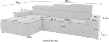 DOMO collection Ecksofa Brandon große Ausführung B/T/H: 289/177/80 cm, auch in Leder und Cord, mit Kopfteilverstellung, wahlweise Sitztiefenverstellung, L-Form