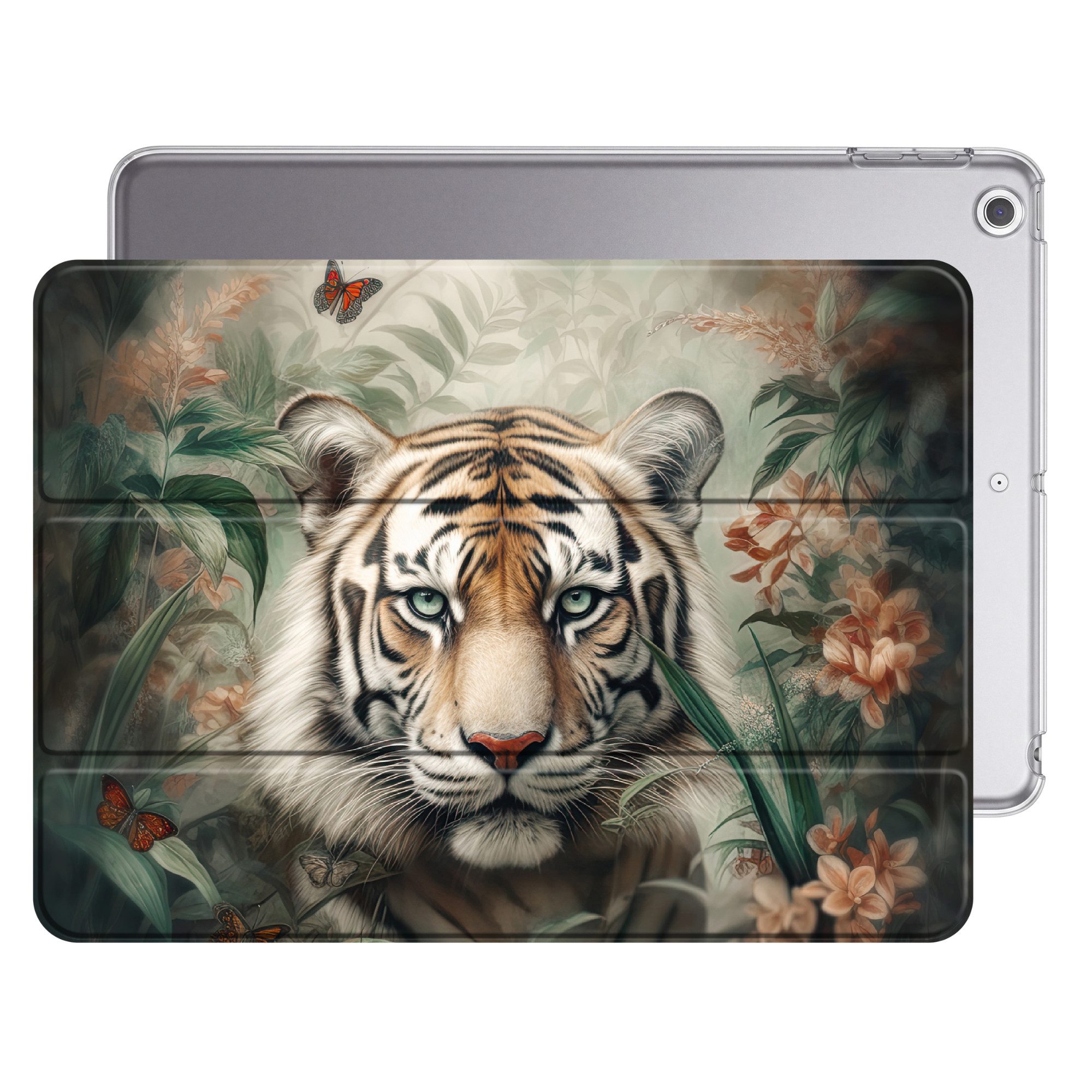 OnlyWow Tablet-Hülle Apple iPad Air 2 Tiger - Schmetterlinge - Tiere - Dschungel - Blumen, Smart Case, Auto-Sleep/Wake-Funktion, Stoßfest, Motiv