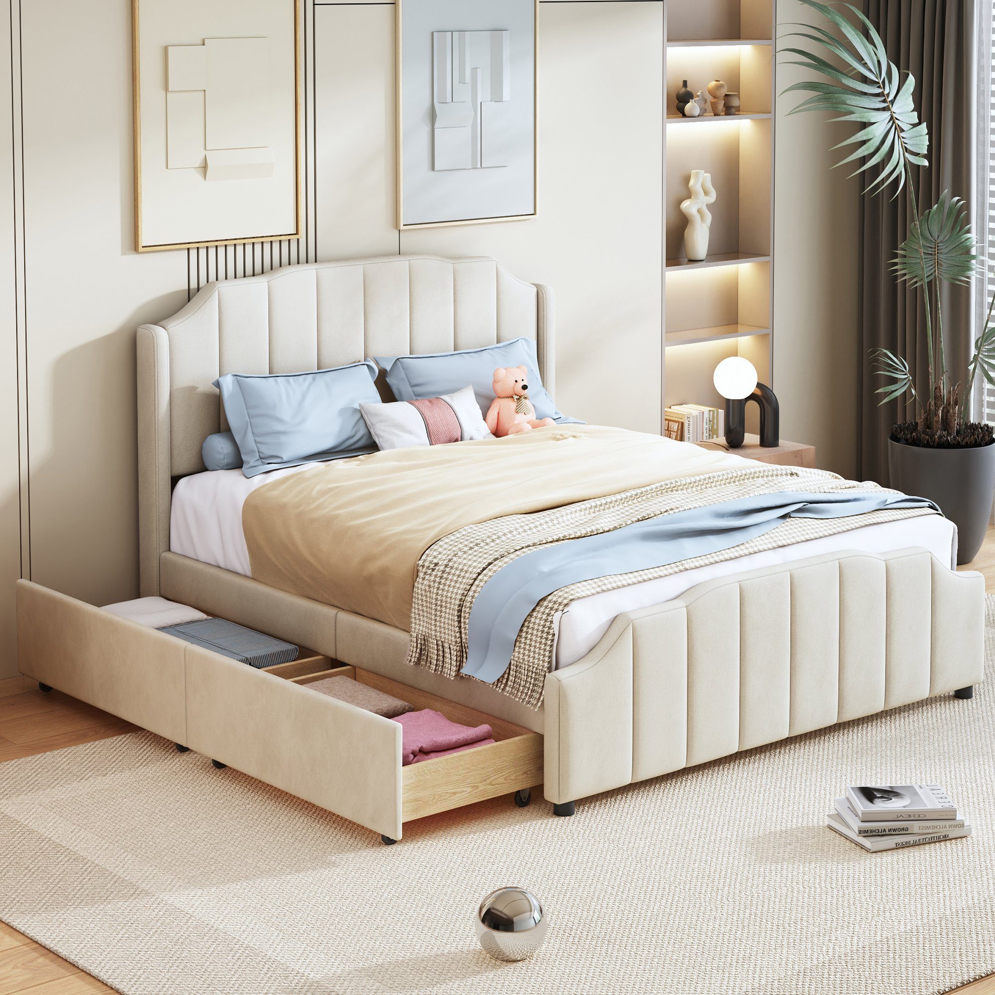 Polsterbett (Kinderbett), Doppelbett 140x200cm mit 2 Schubladen & Lattenrost, weicher Samt-Bezug