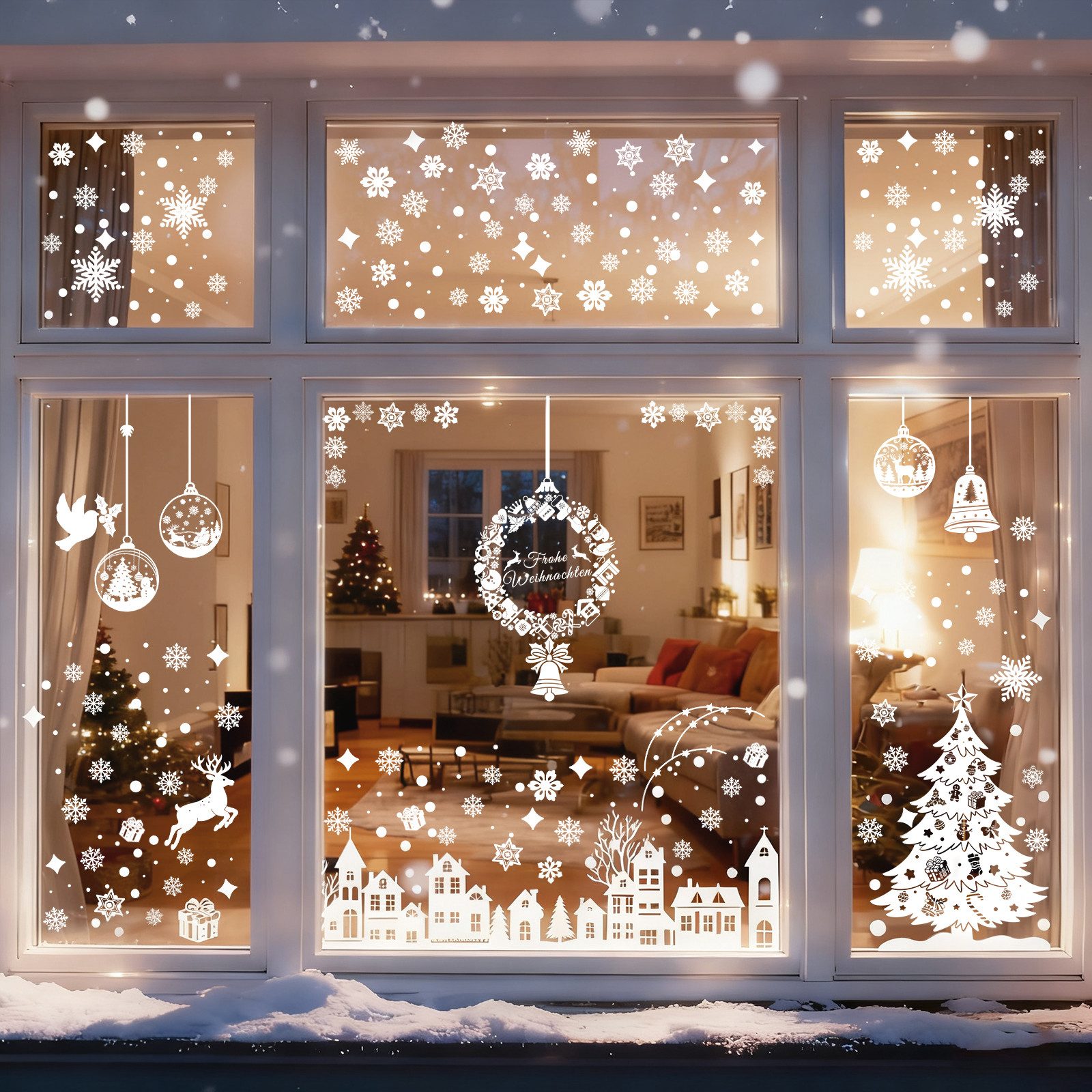 Salcar Fensterbild Fensteraufkleber Weihnachten Окна картинки Selbstklebend Winter Deko, Wiederverwendbar, Häusern, Tannenbaum, Schneeflocken, Christbaumkugeln