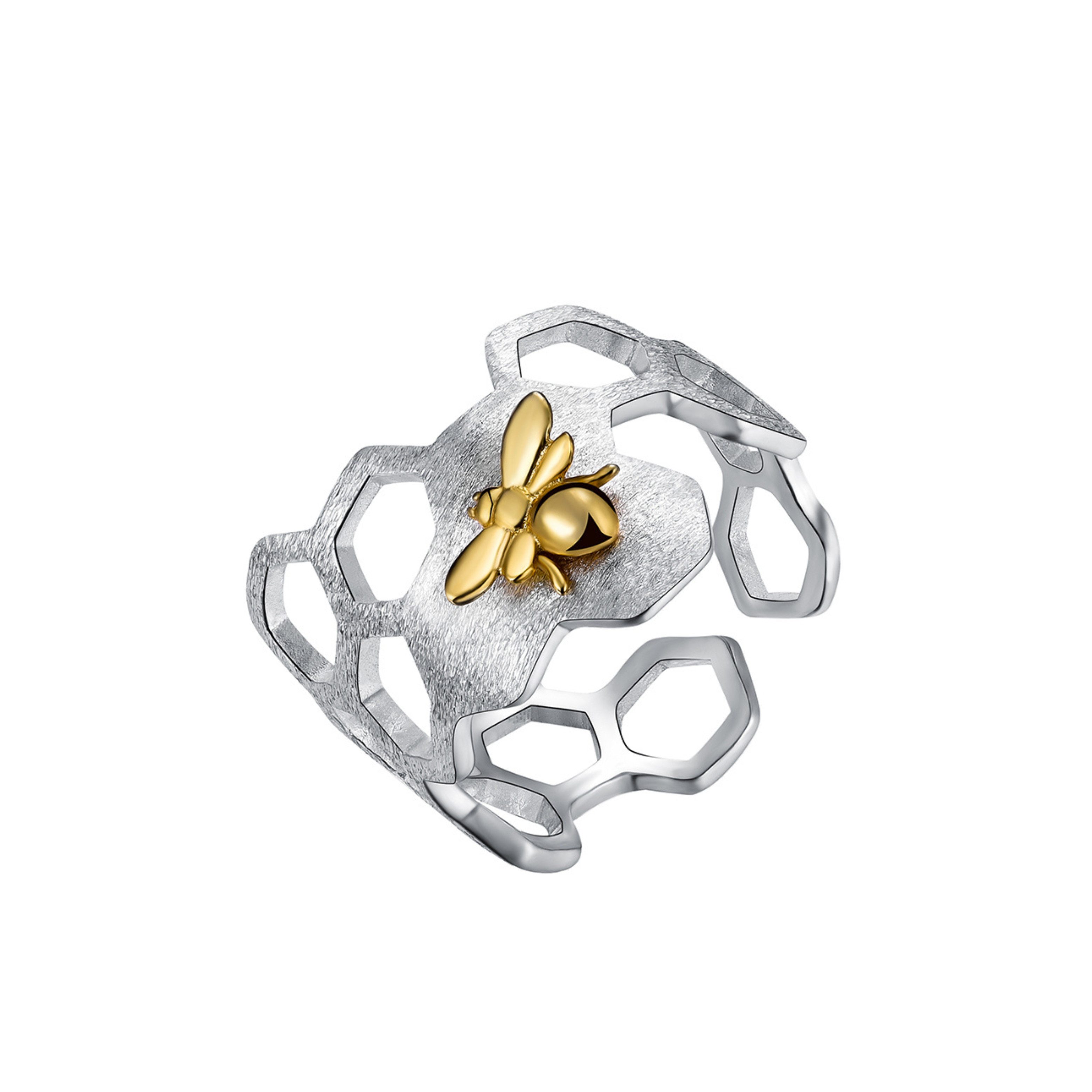 Runde Perlé Silberring "Fleißige Biene", handgefertigter verstellbarer Ring, 925er Silber, 18K Gold