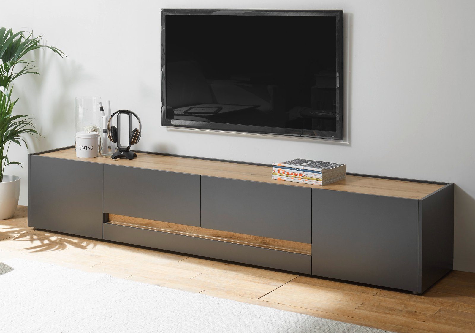 Furn.Design Lowboard Center (TV Unterschrank), Breite 220 cm, grau matt und  Eiche Wotan, 2 Türen und 2 Schubladen