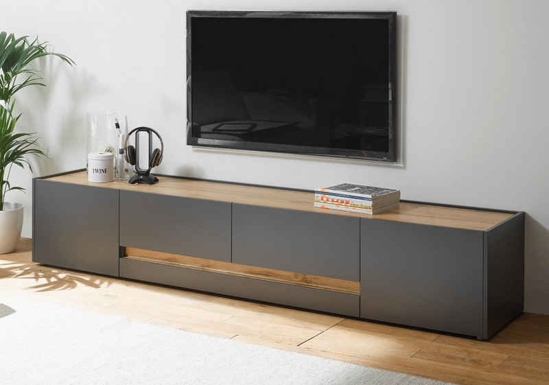 GuenstigEinrichten Lowboard »Center« (TV Unterschrank), Breite 220 cm, grau matt und Eiche Wotan, 2 Türen und 2 Schubladen