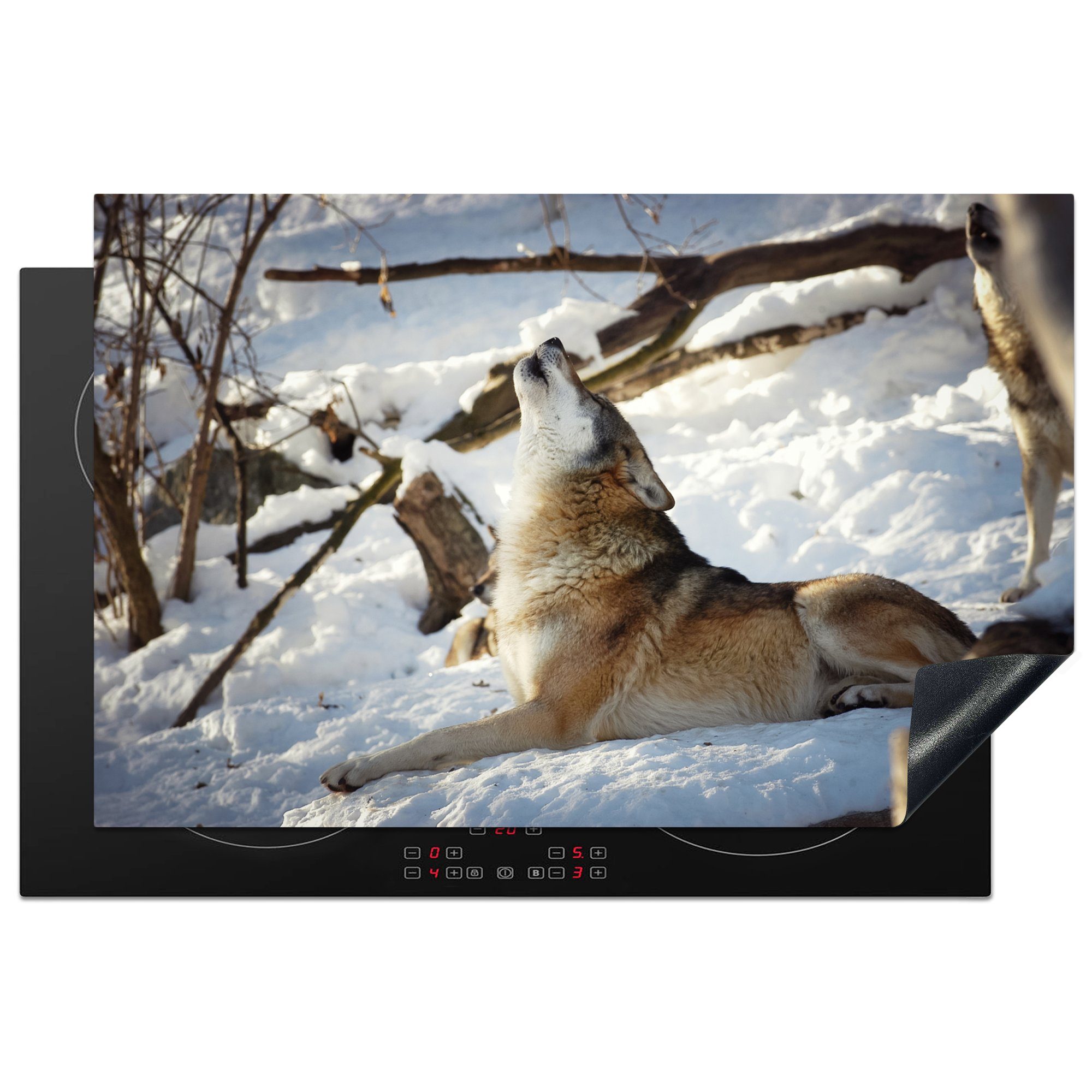 MuchoWow Herdblende-/Abdeckplatte Wolf - Schnee - Wald, Vinyl, (1 tlg), 81x52 cm, Induktionskochfeld Schutz für die küche, Ceranfeldabdeckung