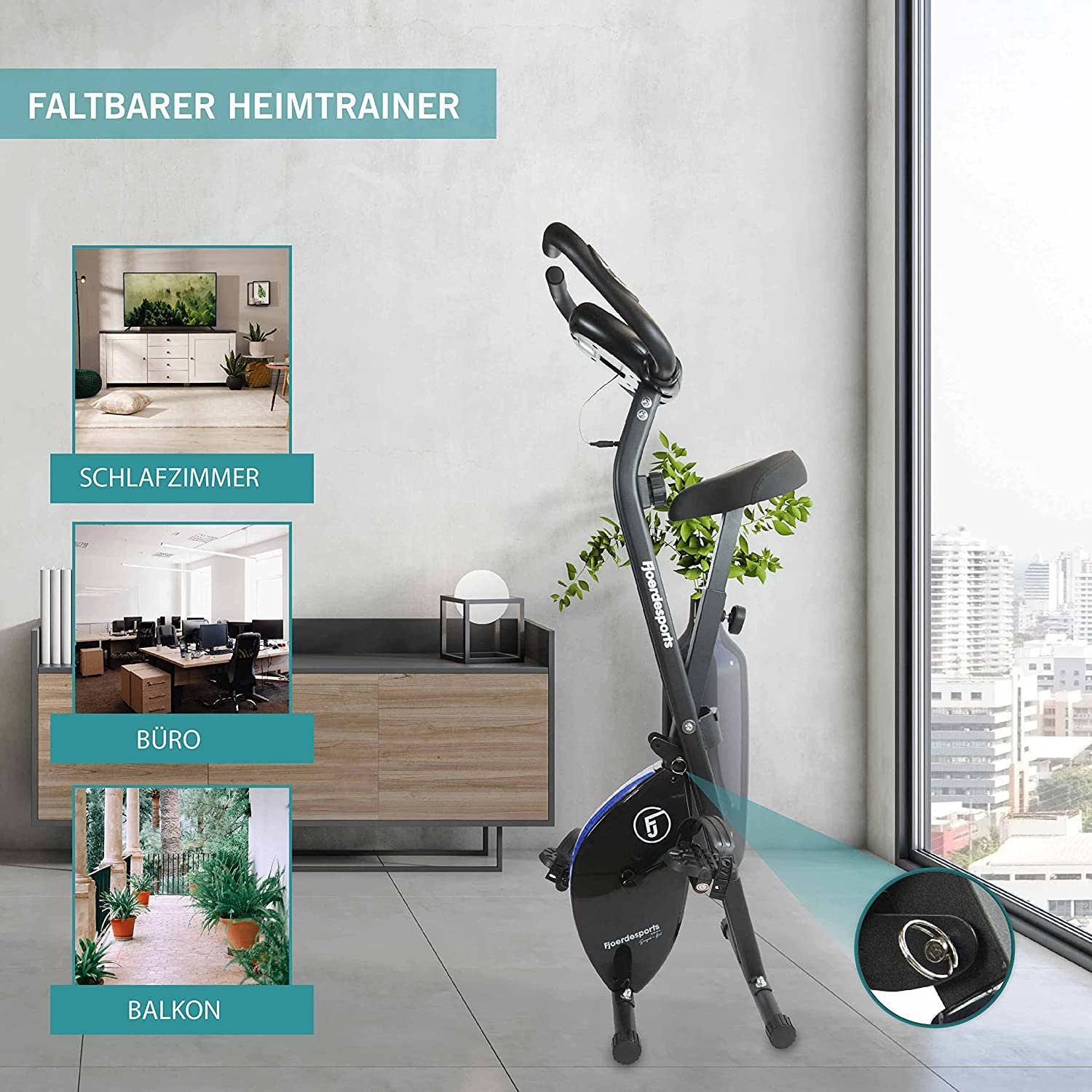Fjoerdesports Heimtrainer Faltbarer Heimtrainer mit LCD Display Hometrainer Fitnessfahrrad (Maximales Benutzergewicht 110 Kg inkl. verstellbaren Sitz, klappbarer Hometrainer, inklusive Pulsmessung, maximales Benutzergerwicht 110 kg, Fitness Bike, Seniorentrainer, Bewegungstrainer, Trimmrad, höhenverstellbar, stabile Standfüße, bodenschonend, 8 Widerstandsstufen, Handpulssensoren, Riemenantrieb), Hometrainer, Fitnessfahrrad LCD Trainingscomputer