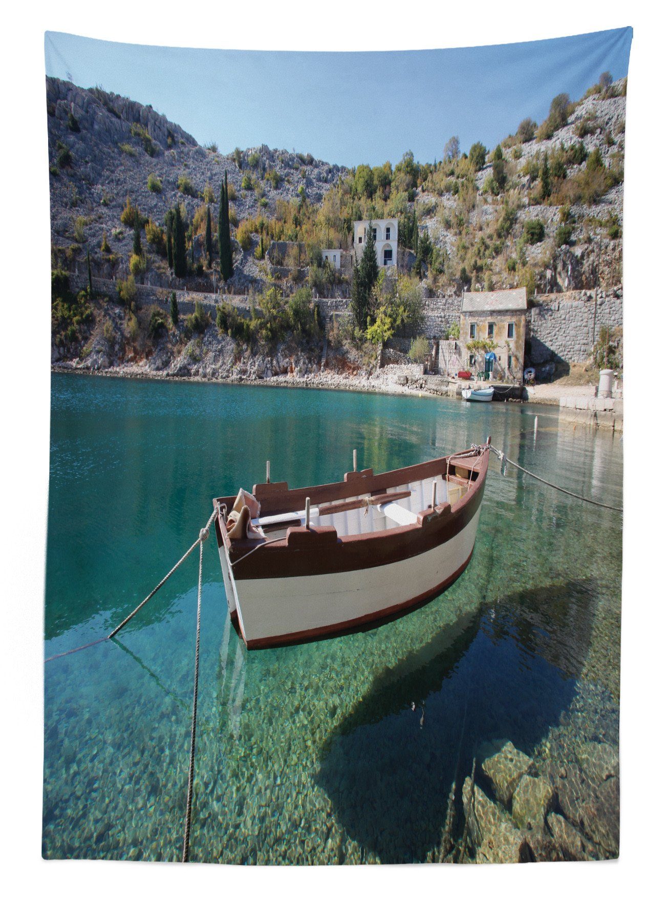 Bereich Außen Ruhige Boot Für Szene Kroatien Farbfest Tischdecke Abakuhaus auf geeignet Bay Waschbar den Klare Farben,