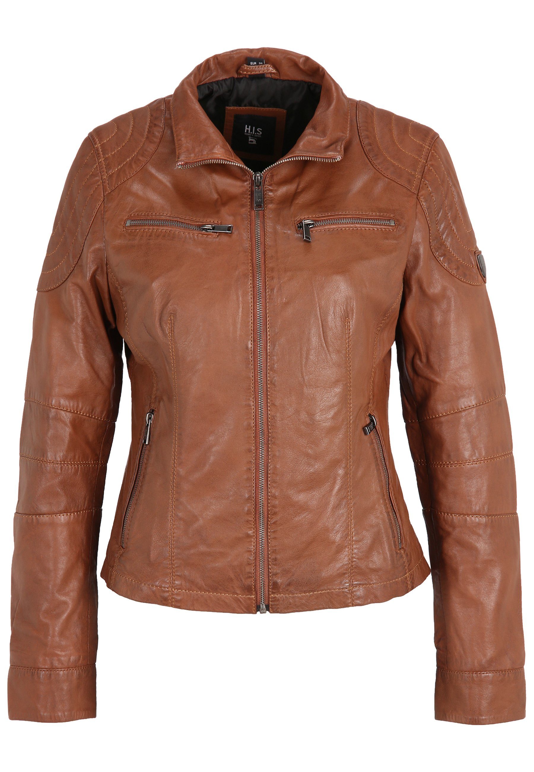 mit Lederjacke Schulterpolster-Detail COGNAC mit H.I.S D Ziernähten