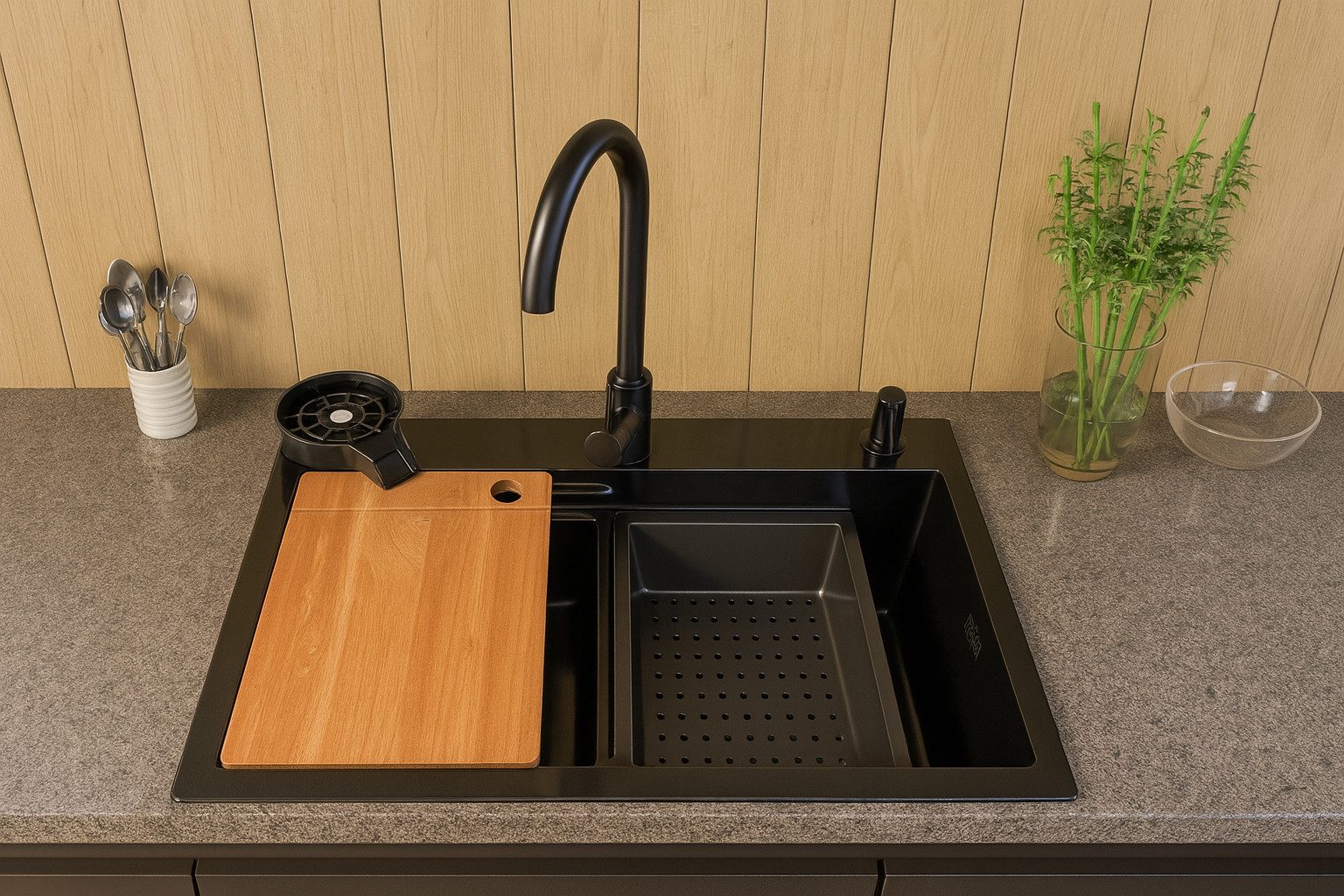 Faizee Möbel Edelstahlspüle Quantum 70x45cm mit Nano Spüle Küchenspüle mit Zubehör Becken