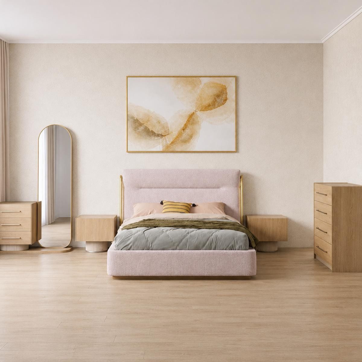 Polsterbett Beige Schlafzimmer Set mit Polsterbett, 2 Nachttischen und