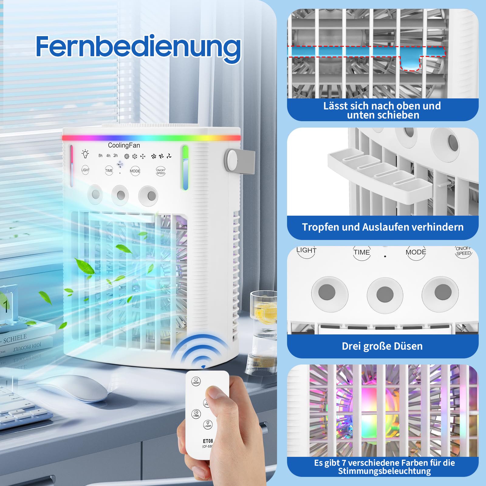 MOPUEA Ventilatorkombigerät Luftkühler Ventilator 4in1 Klimaanlage mit Fernbedienung Timer 2–8 h, Standventilator Tischklimagerät LED-Licht mit Wasserkühlung