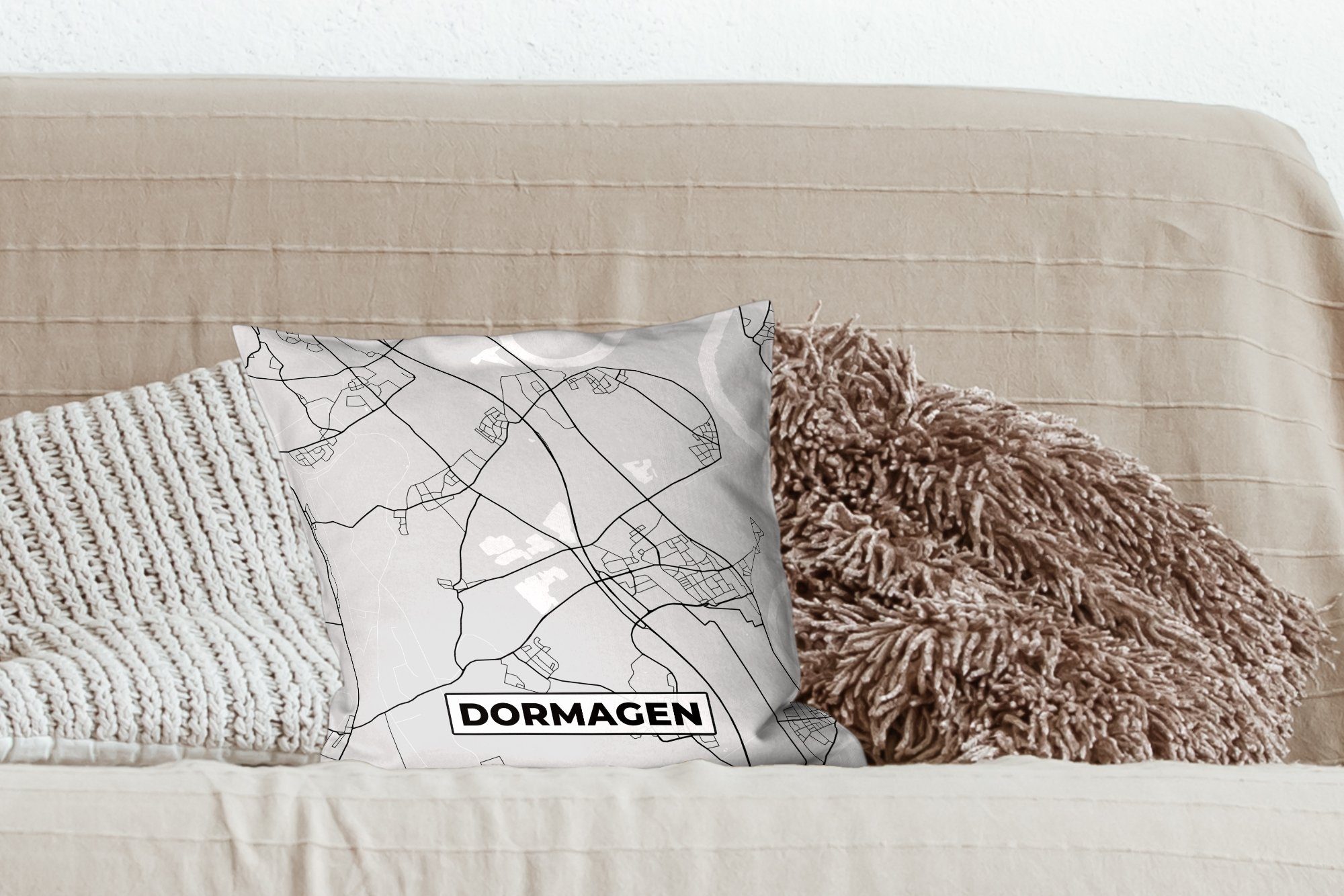 mit Schlafzimmer, MuchoWow Füllung - Deutschland Deko, Wohzimmer, Dekokissen Stadtplan, - - für Karte Dormagen Sofakissen Zierkissen