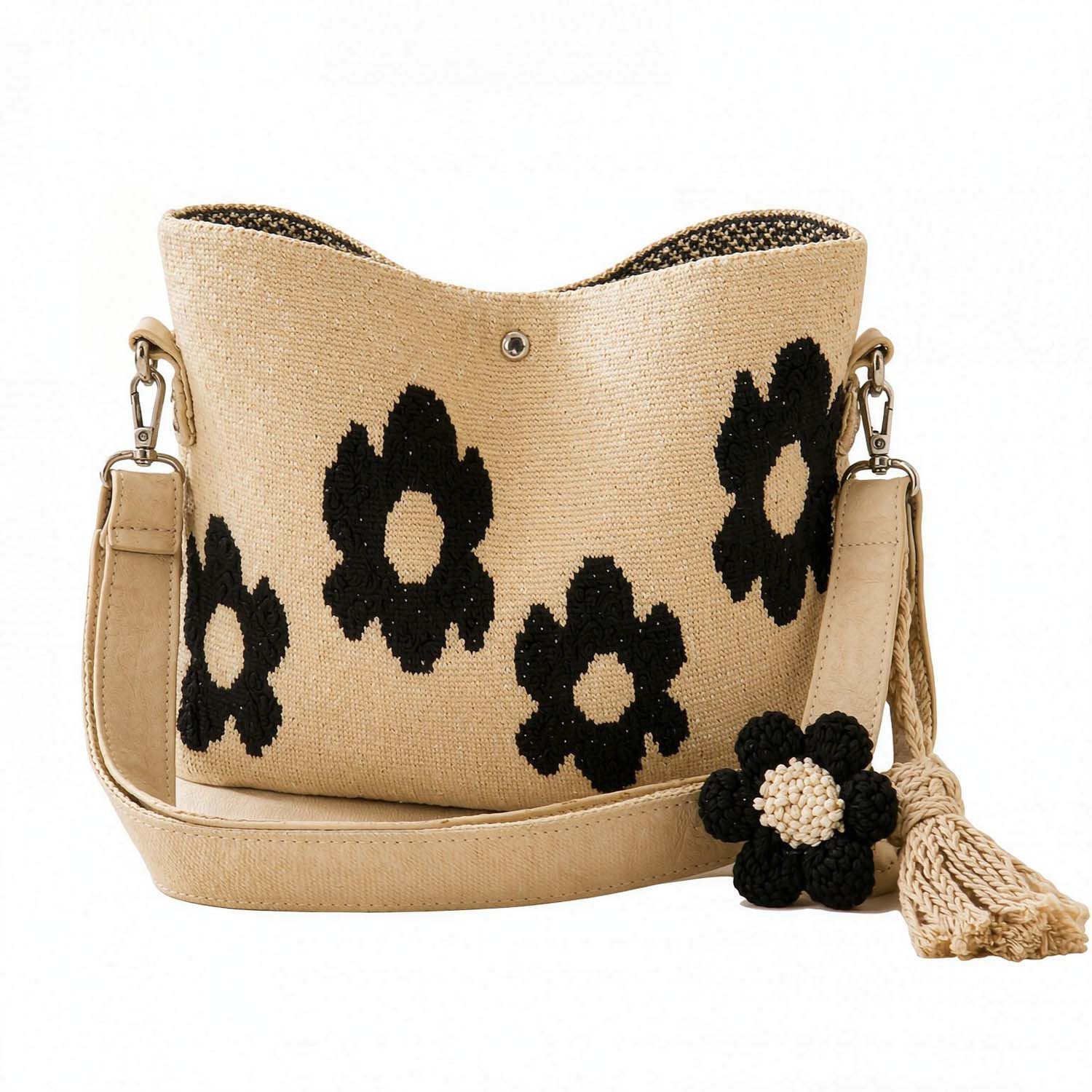 Oemmn Handtasche Damen Vintage-Blumentrassen-Eimer-Tasche mit verstellbarem Umhänge