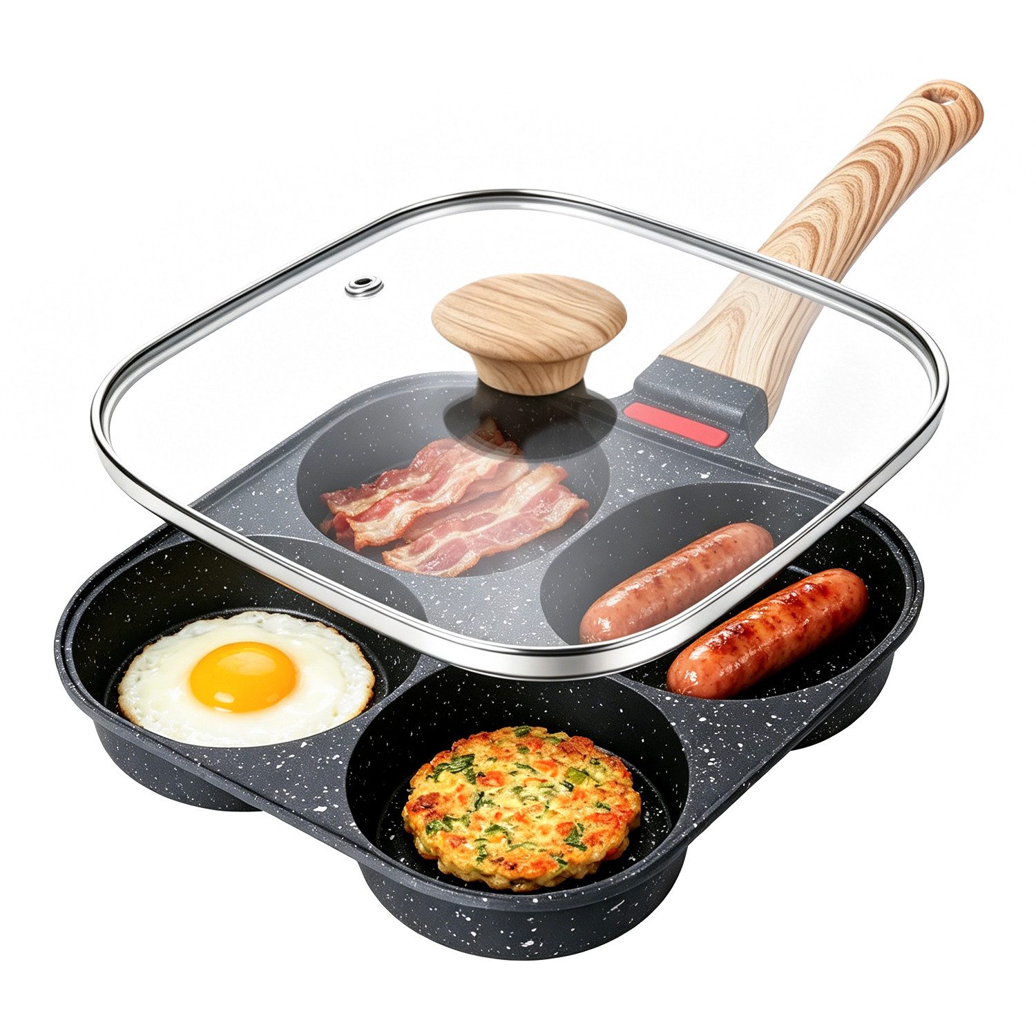 FANNOU Bratpfanne Spiegeleipfanne mit Deckel, 4 Loch Pancake Pfanne, (1-tlg), Aluminium-Antihaft Bratpfanne für Induktionsherd & Gasherd