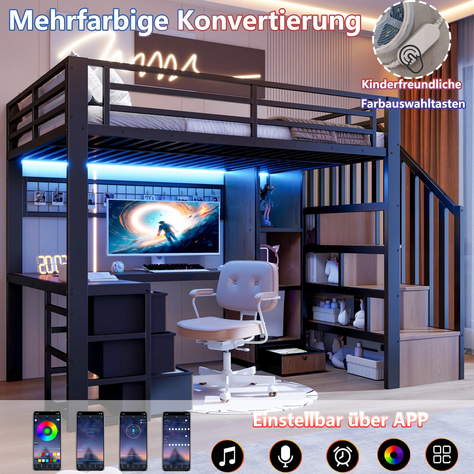 Odikalo Hochbett 90x200 140x200 Kinderbett Jugendbett mit Schreibtisch LED und Stauraum (Eisenrahmen, Ablagefach, 4 Schubladen, Gitter zum Aufhängen von Gegenständen, mit LED-Lichtleiste, Schreibtisch, Treppenkonstruktionen mit Stauraum, Ohne Matratze)