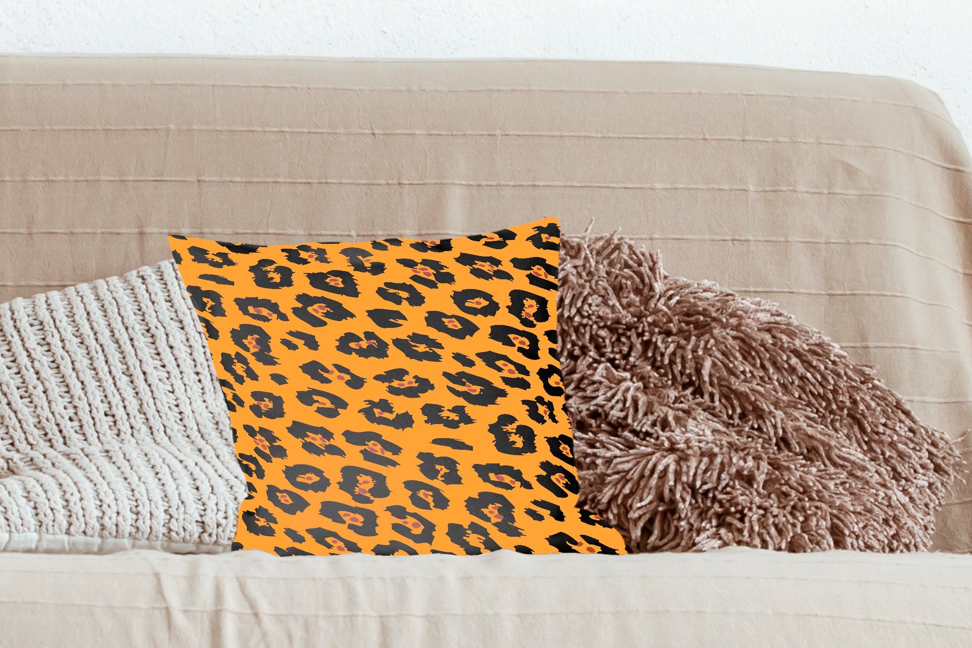 Sofakissen - Deko, für Dekokissen Wohzimmer, mit Schlafzimmer, Schwarz, Orange Pantherdruck MuchoWow Füllung - Zierkissen