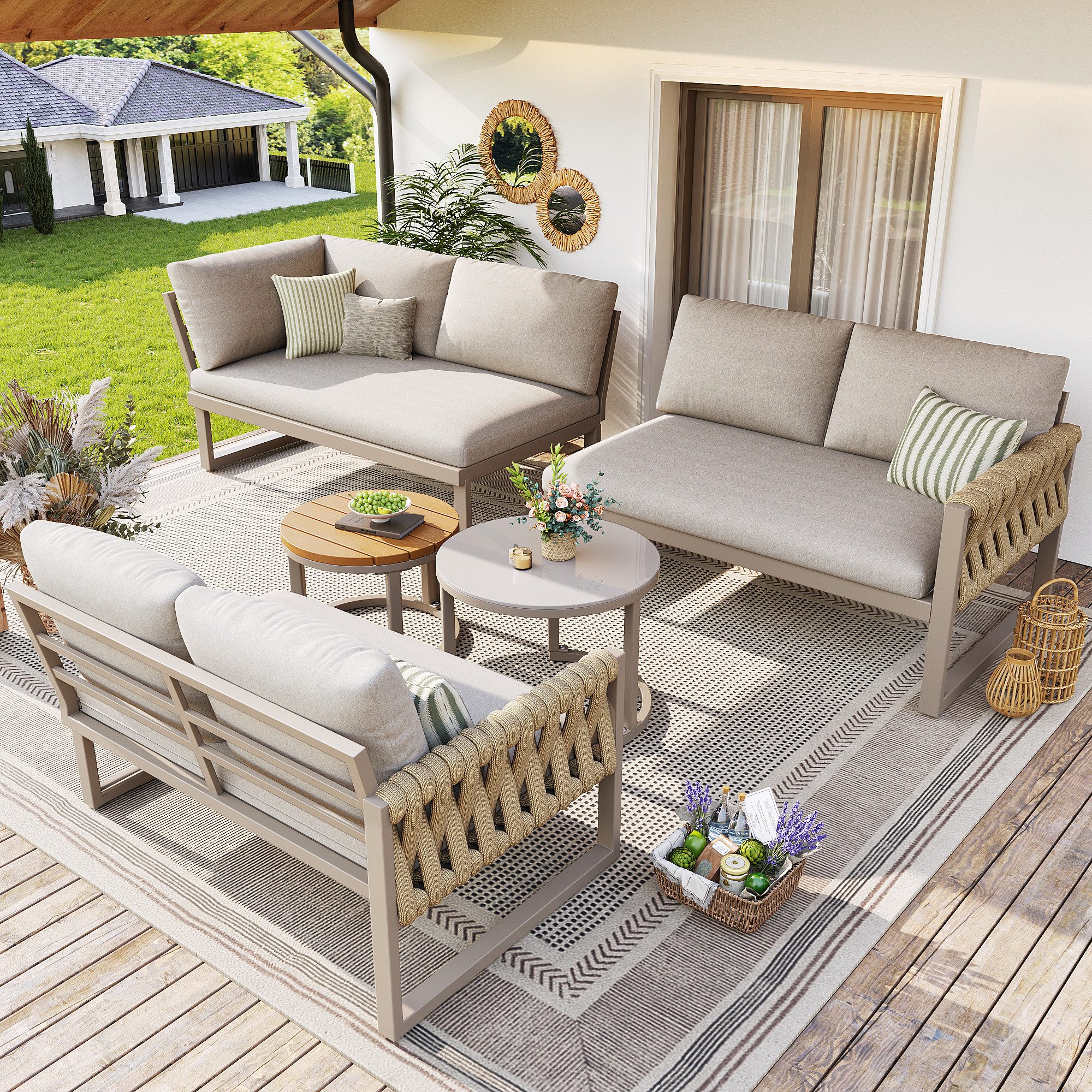 MODFU Gartenlounge-Set Ecksofa mit verzinktem Eisengestell, (mit verstellbaren Beinen, 5-tlg), mit Relaxfunktion