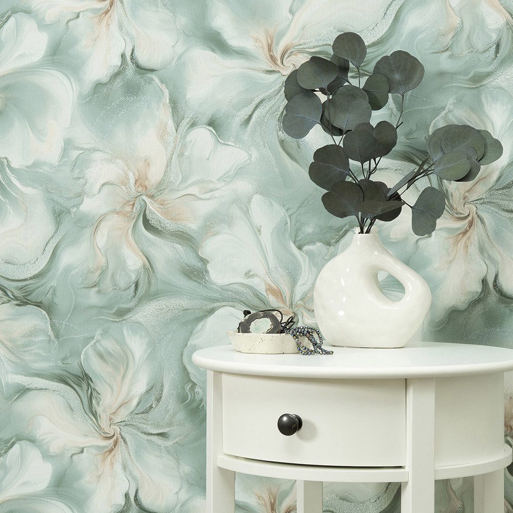 Erismann Vliestapete Marmor Optik Blumen Grün Beige Silber Glitzer 10514-18 Aurora