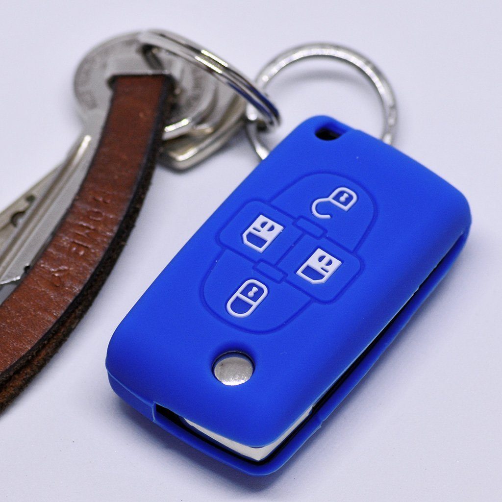 mt-key Schlüsseltasche Autoschlüssel Softcase Silikon Schutzhülle Blau, für Peugeot Ranch Partner 807 1007 Citroen C4 C8 4 Tasten Schlüssel