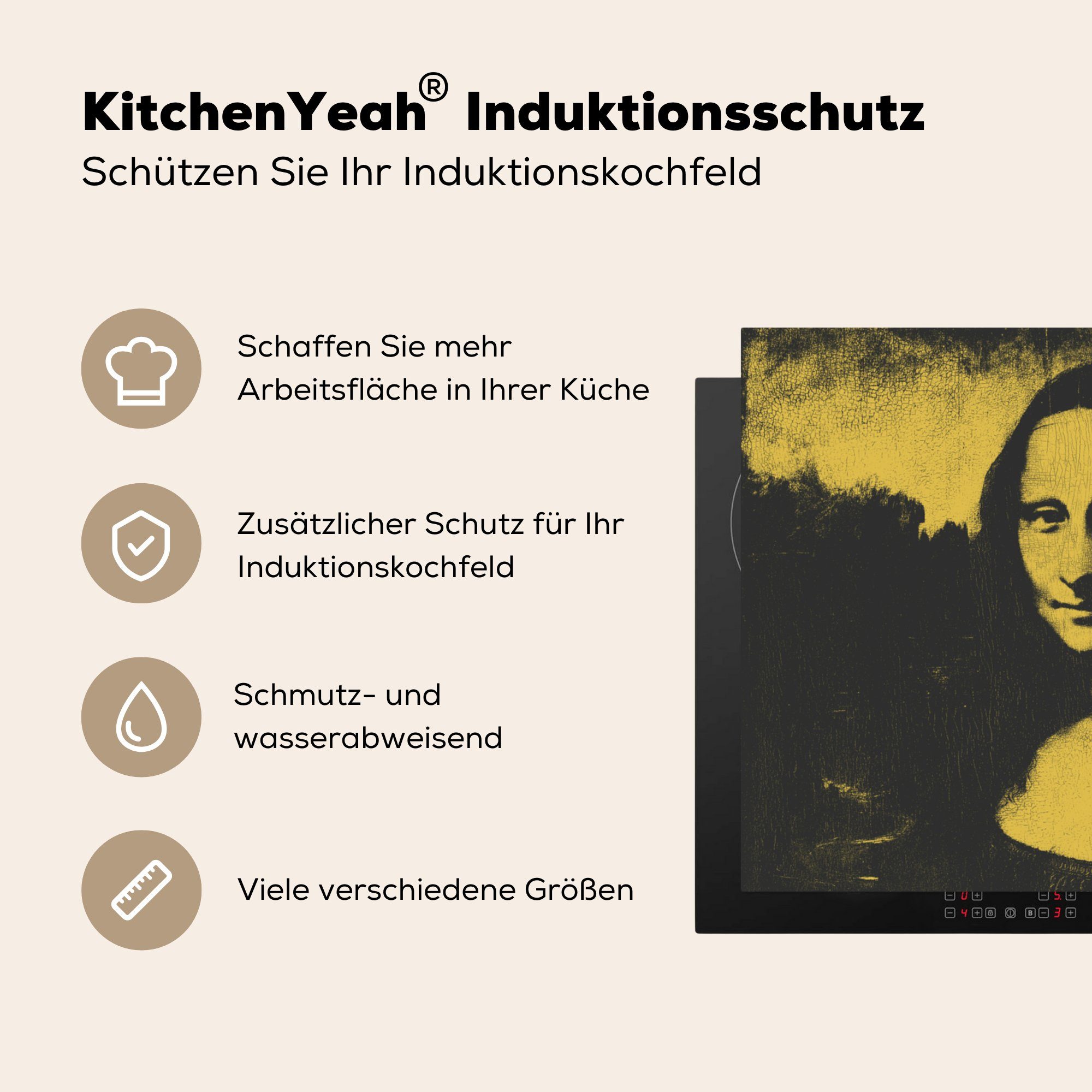 MuchoWow Herdblende-/Abdeckplatte Mona Lisa 71x52 tlg), - cm, - Schutz Vinci Schwarz (1 Induktionskochfeld - Leonardo Gelb, die küche, Ceranfeldabdeckung Vinyl, für da