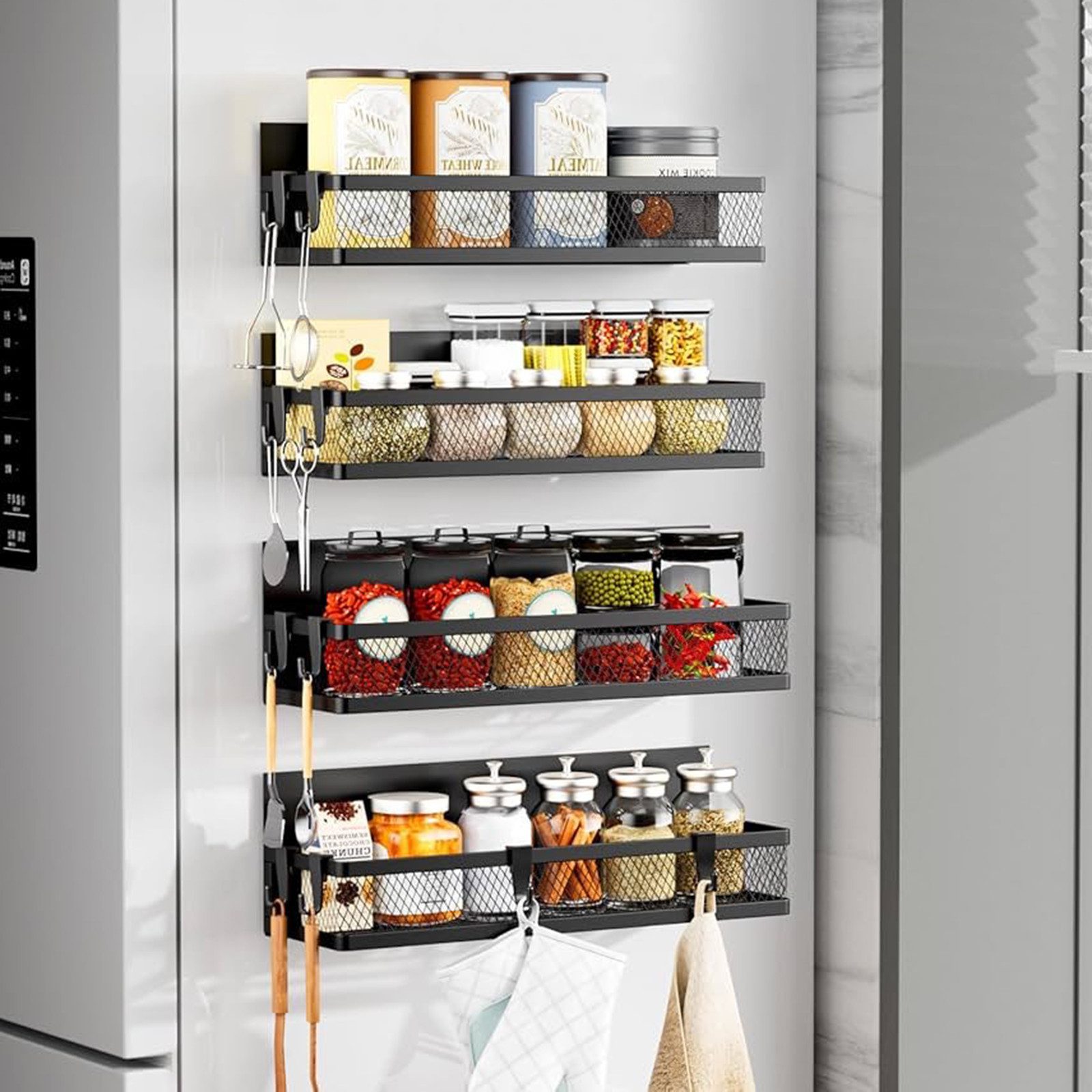 SURFOU Regal Magnetisches Gewürzregal, Kühlschrank-Organizer, 4 Stück, Metall, Kühlschrank Magnet Organizer mit beweglichen 4 Haken, Ohne Bohren