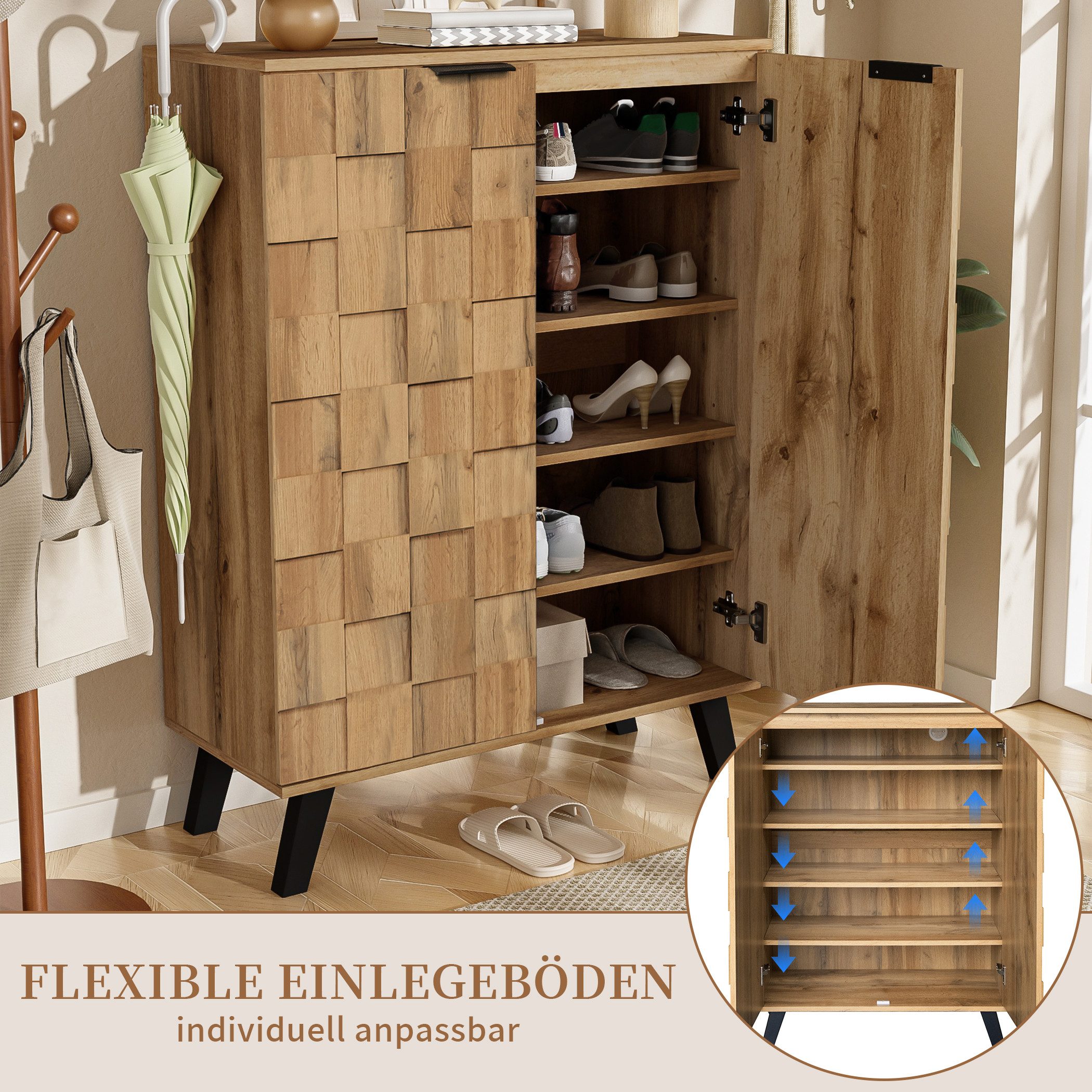 SeedWave Schuhschrank Schuhregal in Holzoptik mit Quadrat-Relief, 5 Geschlossenen Fächer 35cm Tiefe, Verstellbare Einlegeböden – Bild 4 von 5