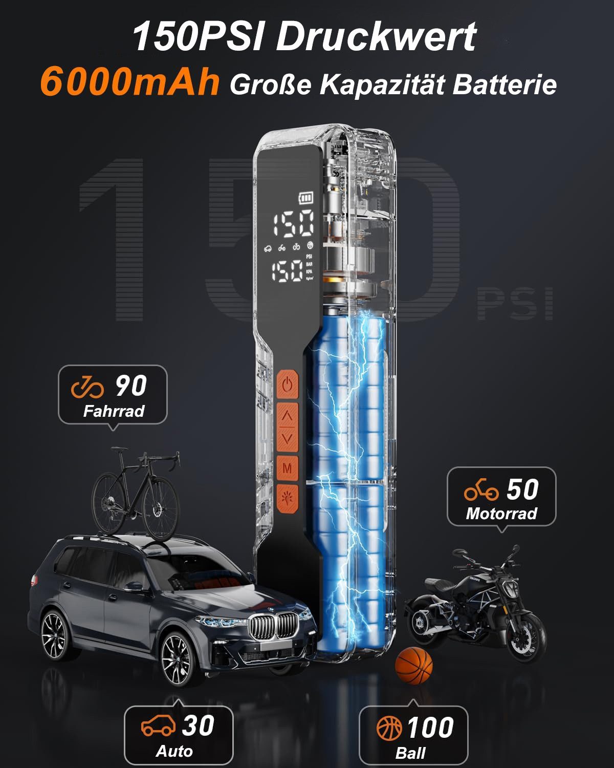 Futicare Akku-Luftpumpe Elektrische Luftpumpe Akku Pump Electric 150PSI 6000mAh (4 Modi Tragbarer Akku Kompressor mit Digitale LCD-Bildschirm), Pressure Dient auch als Taschenlampe und Powerbank