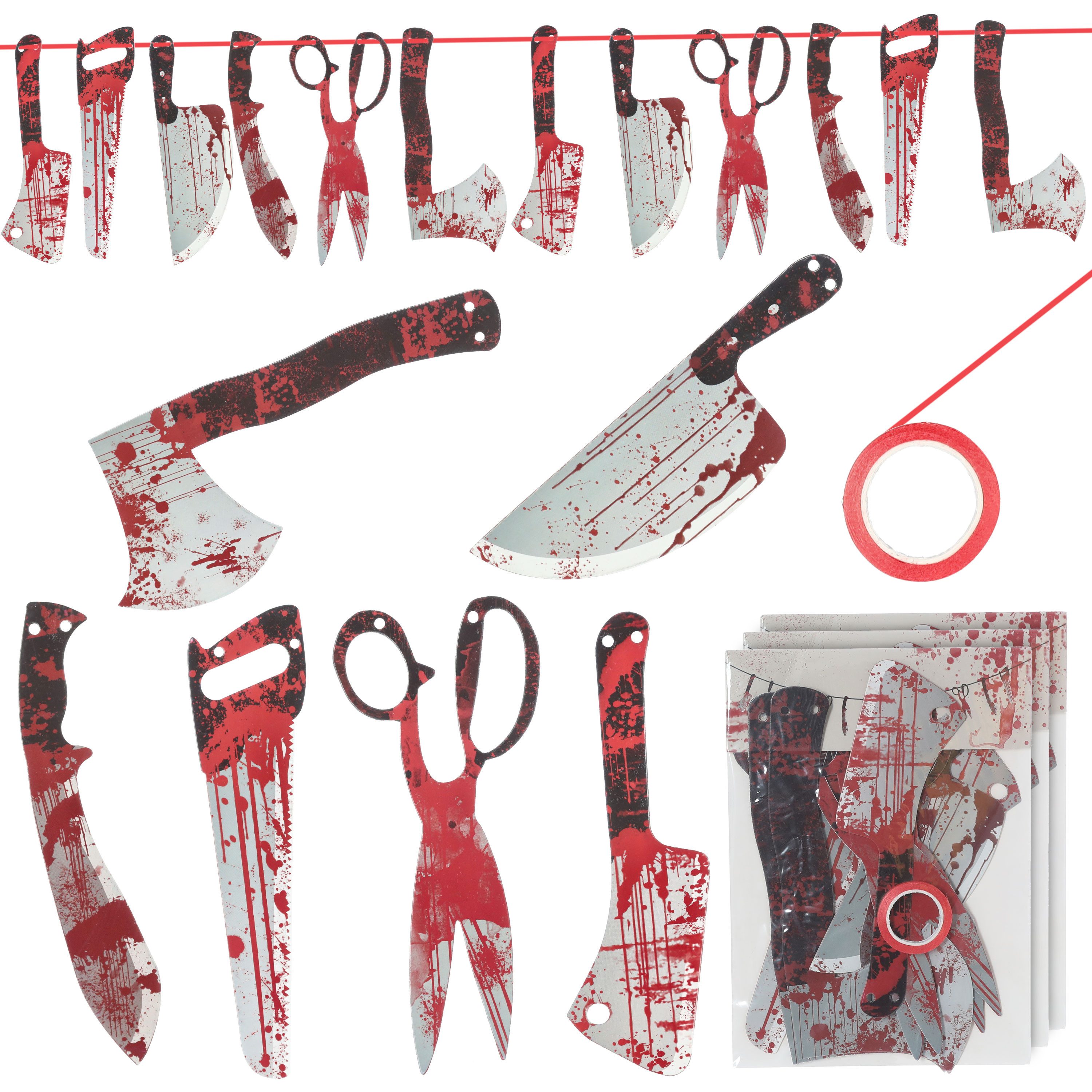 CEPEWA Dekoobjekt Halloween Messerset 3x 12er Set 4 Motive Karton Messer mit Blut