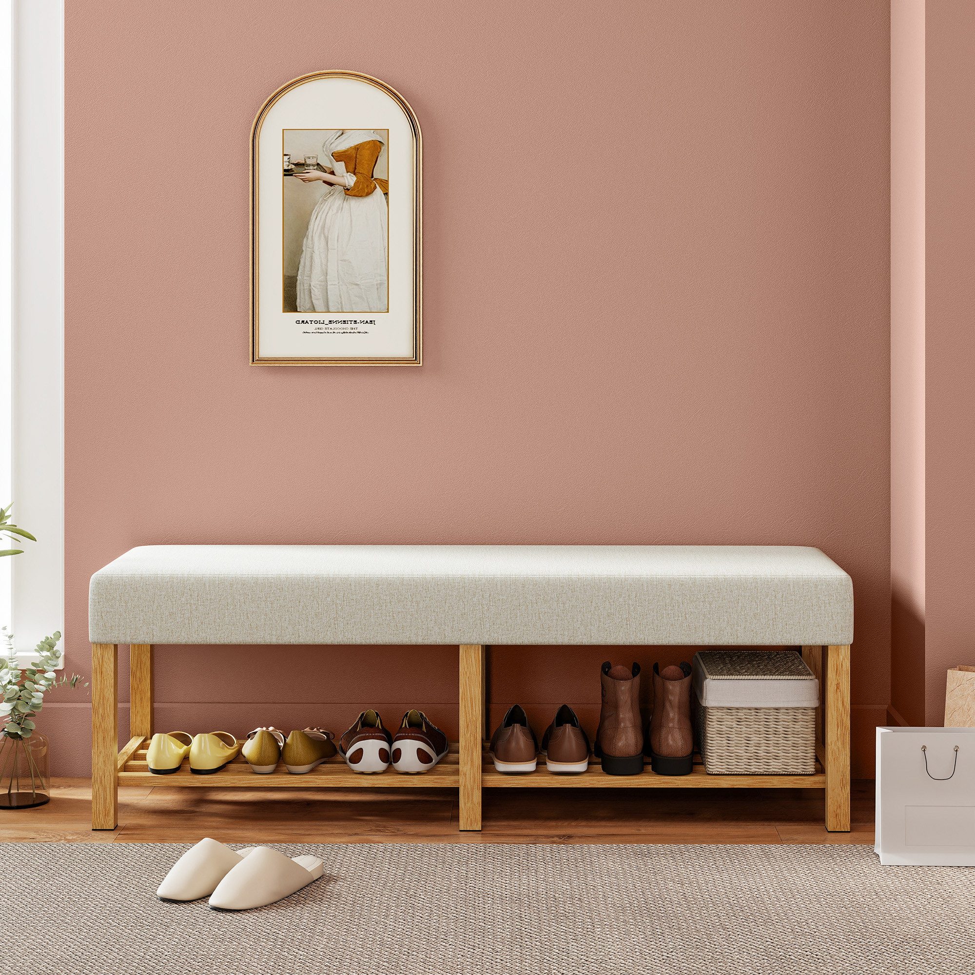 REDOM Schuhbank Flurbank Holz mit Sitzpolster, Schuhbank 140 x 44 x 48 cm (Packung, 1-St., Eingangsbereich Bank Naturholz Cremeweiß, moderne Aufbewahrungsbank), Gepolsterte Sitzbank für Flur, geeignet für 2 Personen Nutzung