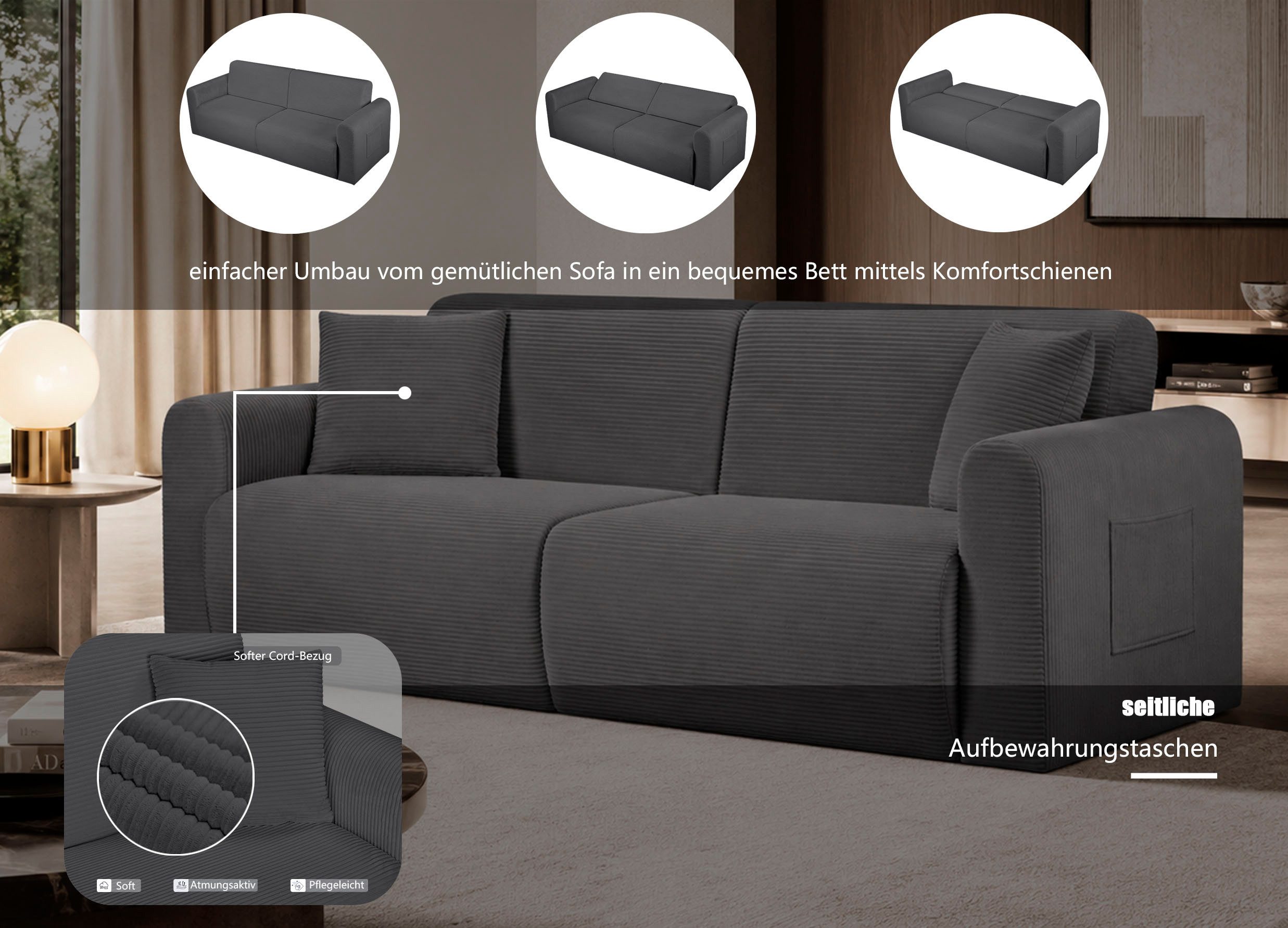 OTTO home 3-Sitzer JONAA Schlafsofa 225 cm, Liegefläche 105/187 cm, softer Cord-Bezug – Bild 3 von 5
