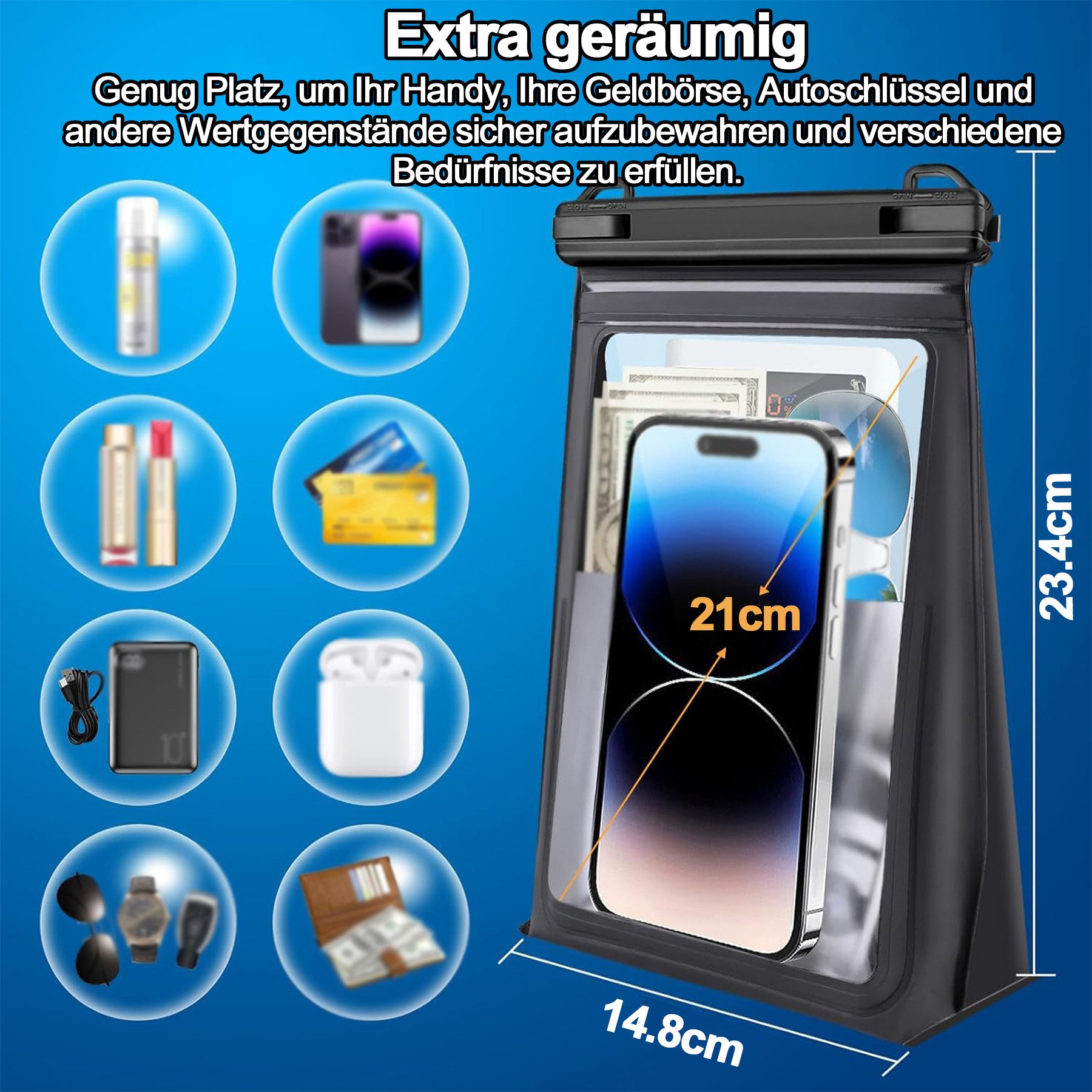 Mutig Handyhülle Wasserdicht Handyhülle, Große Kapazität, IPX8 Unterwasser Handyhülle kompatibel mit iPhone 14/13/12/11 Max & Samsung Smartphones bis 7 Zoll, Wasserfest Hülle,Handytasche,Waterproof Phone Case,für Reisen, Strand