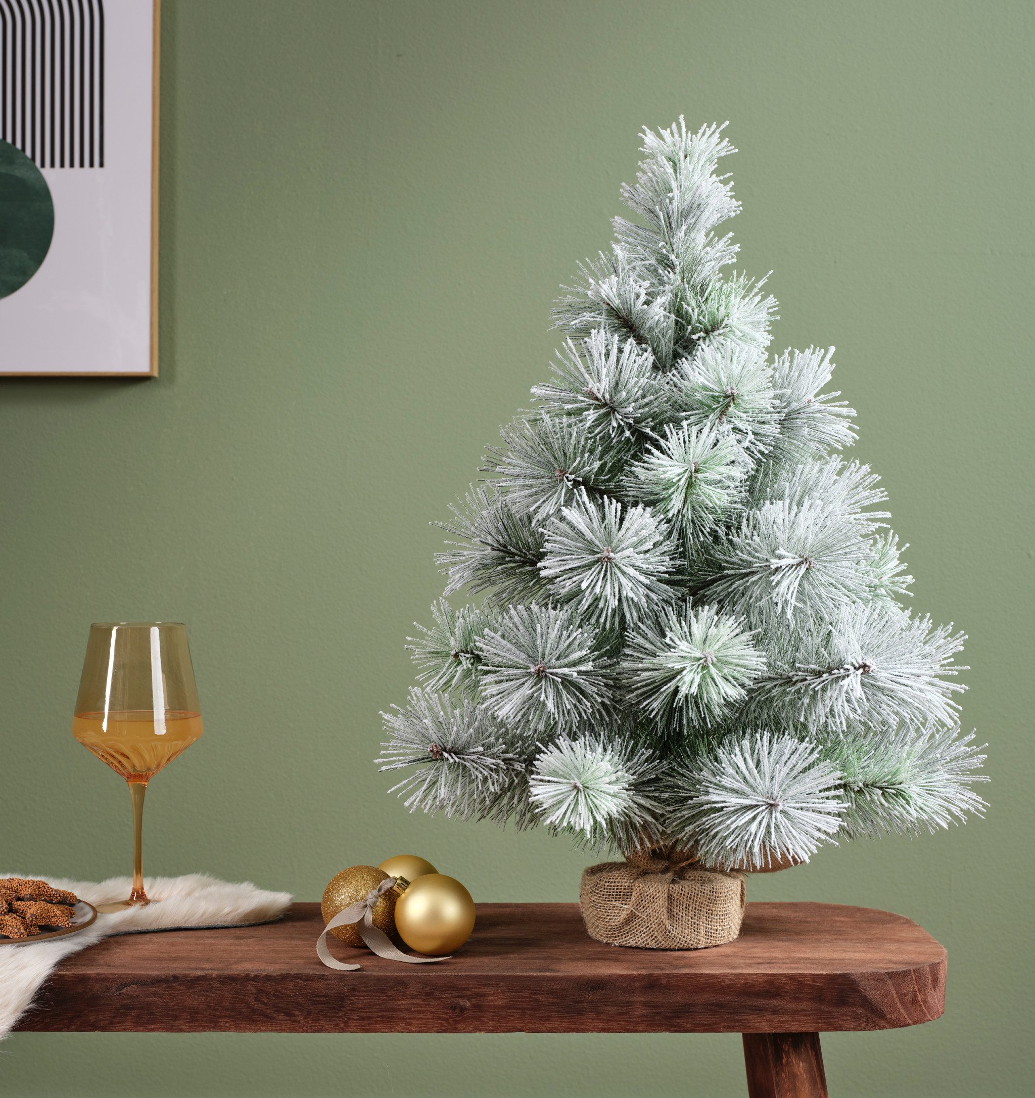 Kaemingk Künstlicher Weihnachtsbaum, Tannenbaum künstlich im Jutesack 45cm Grün / Weiß