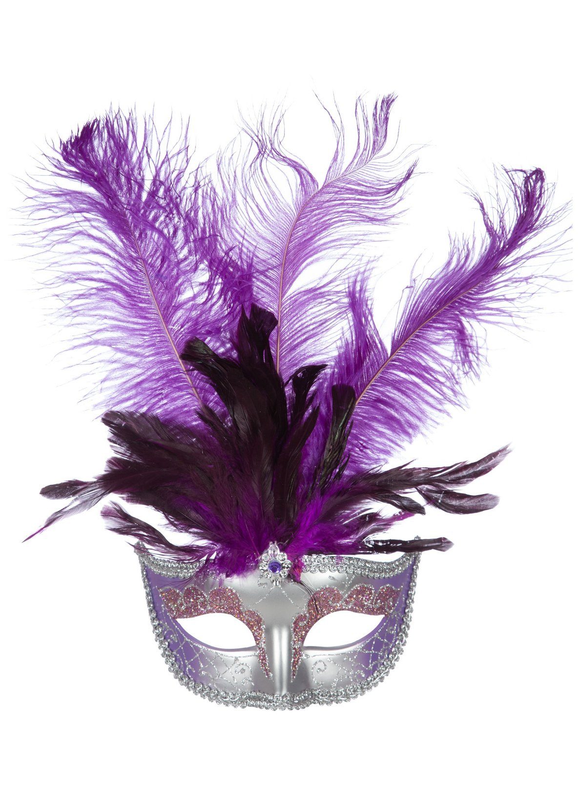 Metamorph Verkleidungsmaske Venezianische Kunststoffmaske mit lila Federn, Kostengünstige Federmaske für Karneval in Venedig und Krimidinner