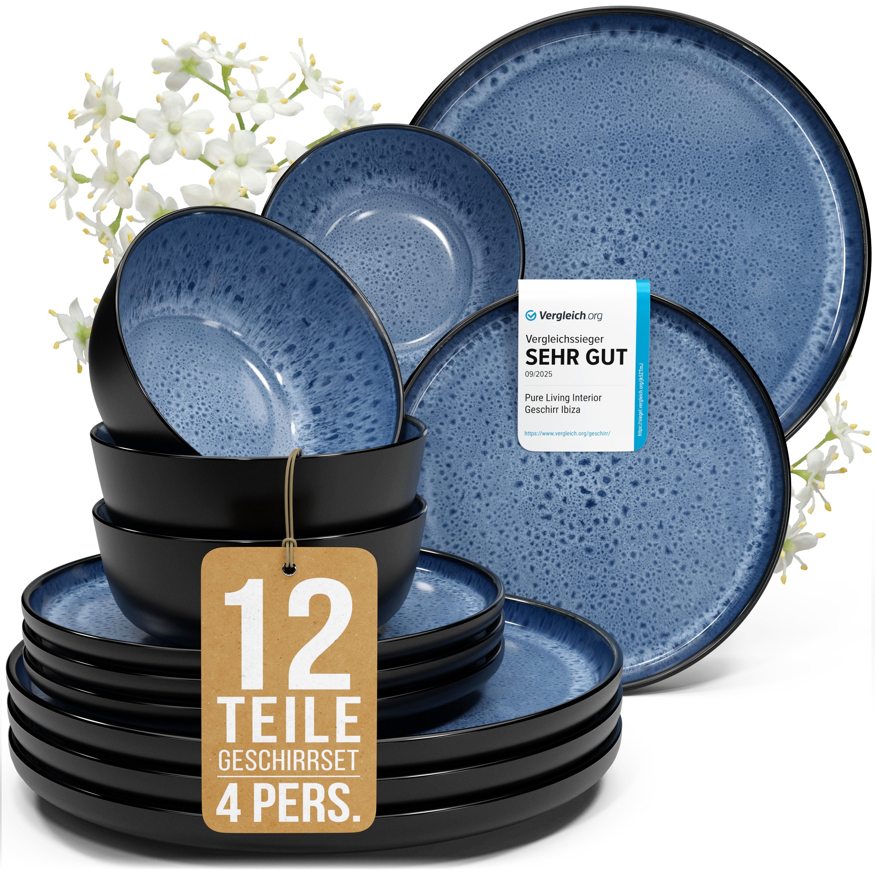 PURE LIVING INTERIOR DESIGN Geschirr-Set Ibiza aus Steingut, 12-tlg., für 4 Personen, Tiefblau (12-tlg), 4 Personen, Steingut