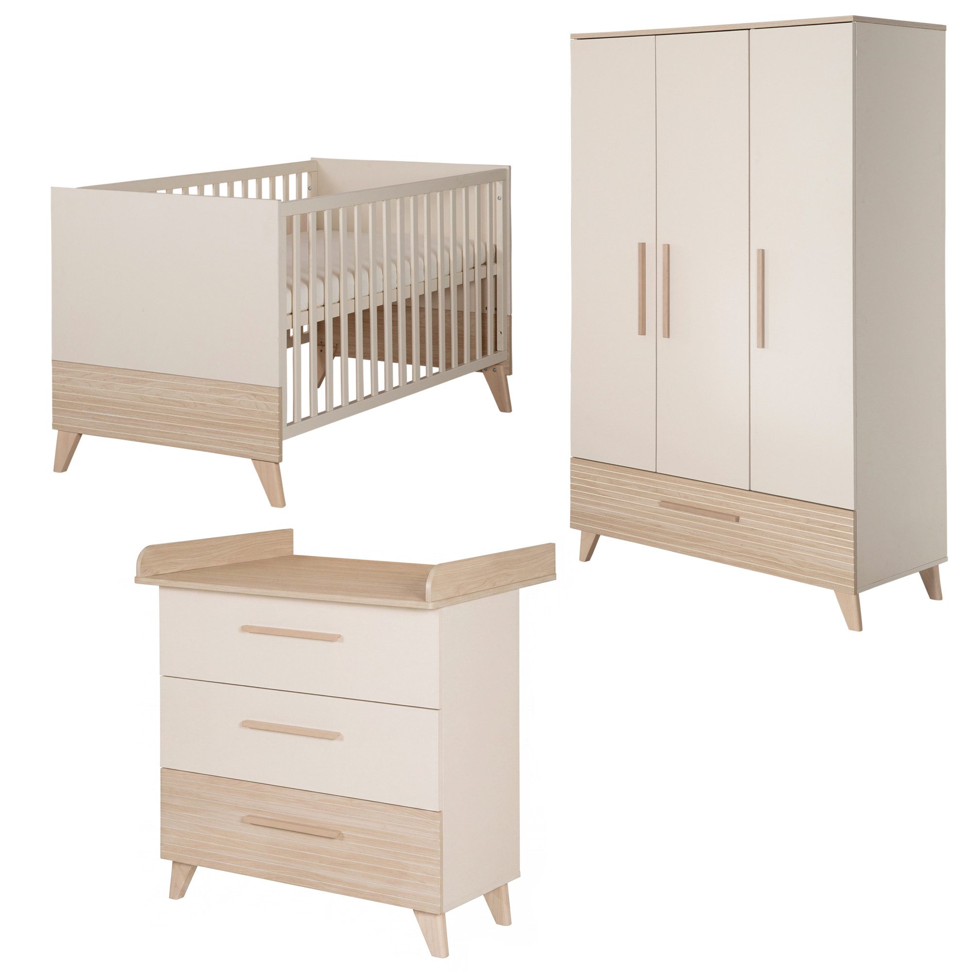 roba® Babyzimmer-Komplettset Sidney - modernes Kinderzimmer in Cashmere & Eiche, (Komplett-Set, 3-tlg., Babybett 70 x 140 cm, Wickelkommode, Kleiderschrank), Griffe & Füße aus Massivholz - Mit hochwertigen Fräsungen im Holz