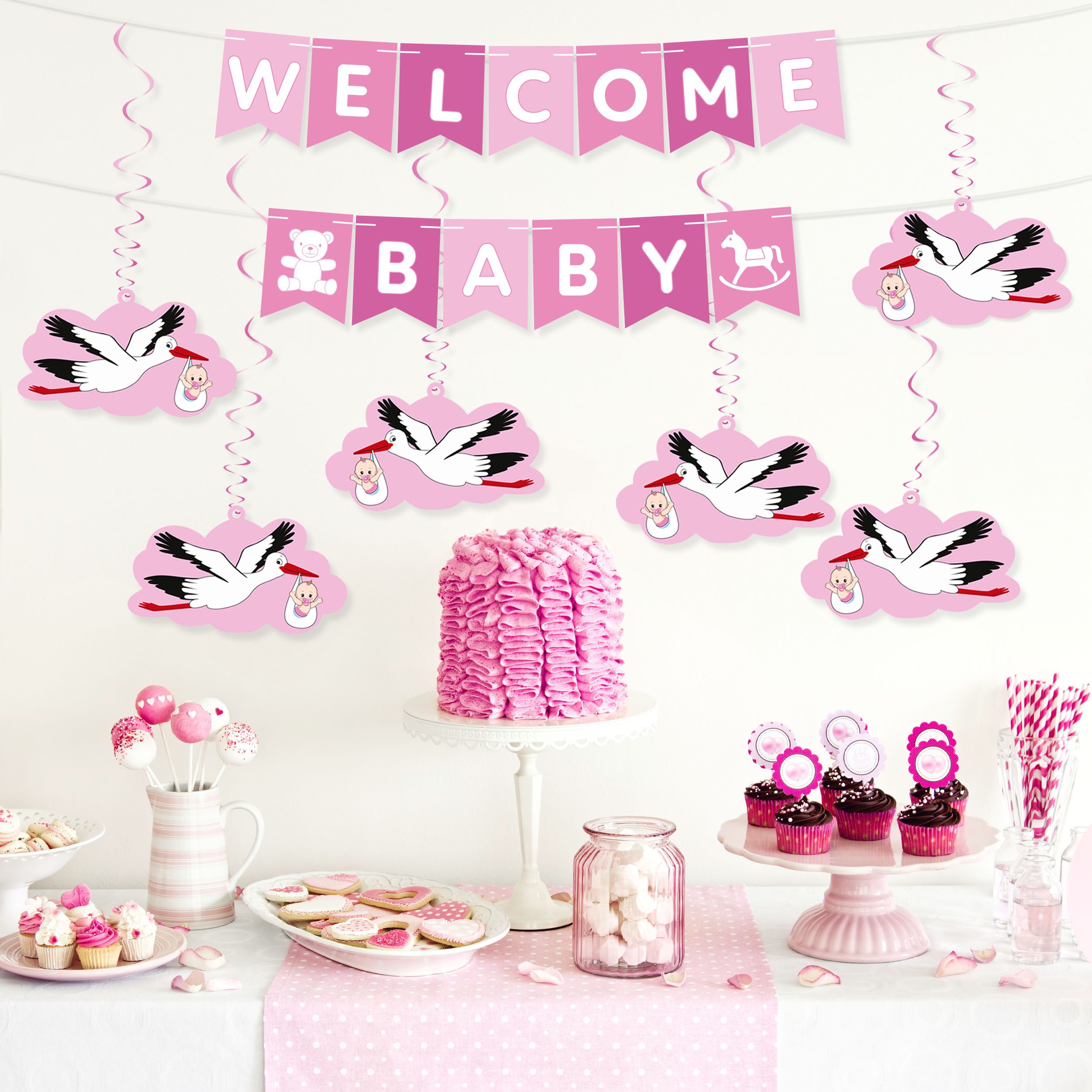 BRUBAKER Girlande Welcome Baby Wimpelkette für Jungen und Mädchen mit Storchanhängern, Willkommensdeko Set für Zuhause, Babyparty und Babyzimmer Dekoration