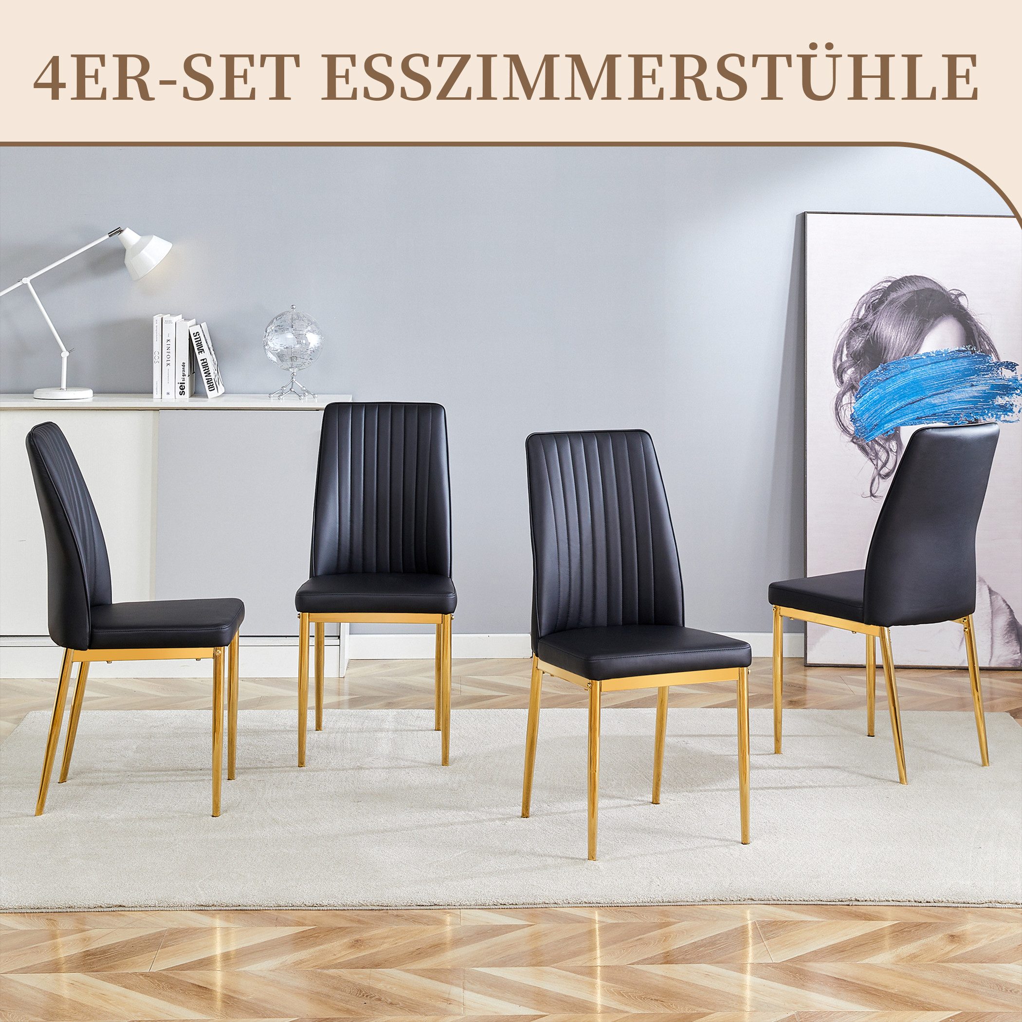 SeedWave Esszimmerstuhl 4er Set Küchenstuhl PU-Leder Polsterstuhl mit Erhöhter Rückenlehne, Metallfüße mit Anti-Rutsch-Pads