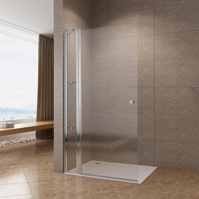 aqua batos Dusch-Drehtür Duschabtrennung Duschwand Glas Glaswand Walk in Dusche Duschtrennwand, 90×197 cm, 6 mm Einscheibensicherheitsglas, inkl.Festteil mit Duschablage,Aluminiumprofile in Chromoptik,Nano Glas