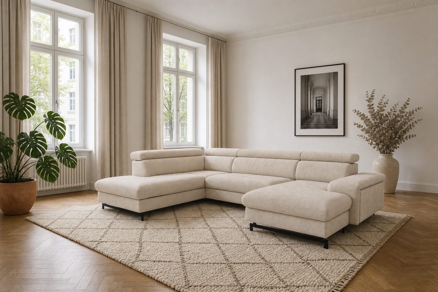 foamnova Wohnlandschaft Vaasa, B 328 cm, Recamiere und Ottomane inklusive, komfortabel, mit Schlaffunktion und Bettkasten, Liegefläche 248 × 119 cm