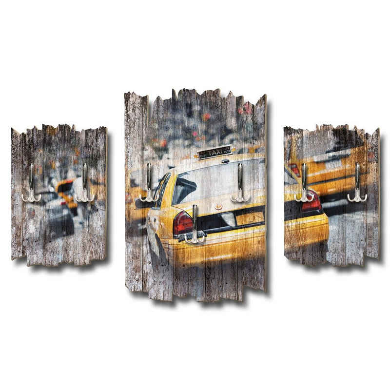 Kreative Feder Wandgarderobe Taxi New York, Dreiteilige Wandgarderobe, Holz, Wandbild, Wanddeko, Garderobe, Kleiderhaken, Natur, Landschaft