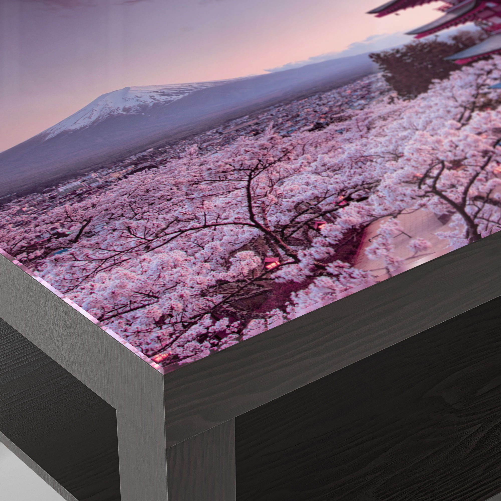 Glastisch DEQORI 'Kirschblüten Japan', Couchtisch Beistelltisch modern Schwarz Tempel Glas