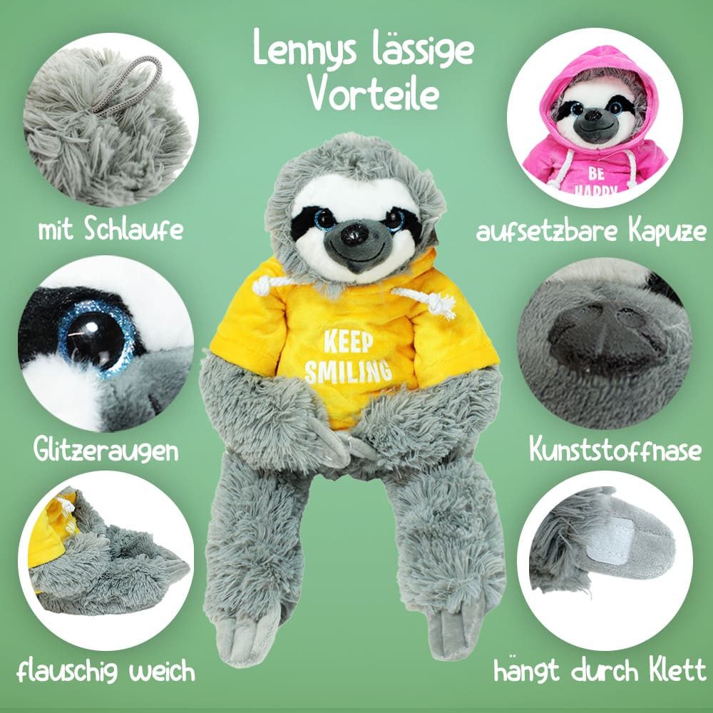 Rasehorn Kuscheltier Faultier Stofftier mit Kapuze Kuscheltier mit Glitzeraugen und Spruch