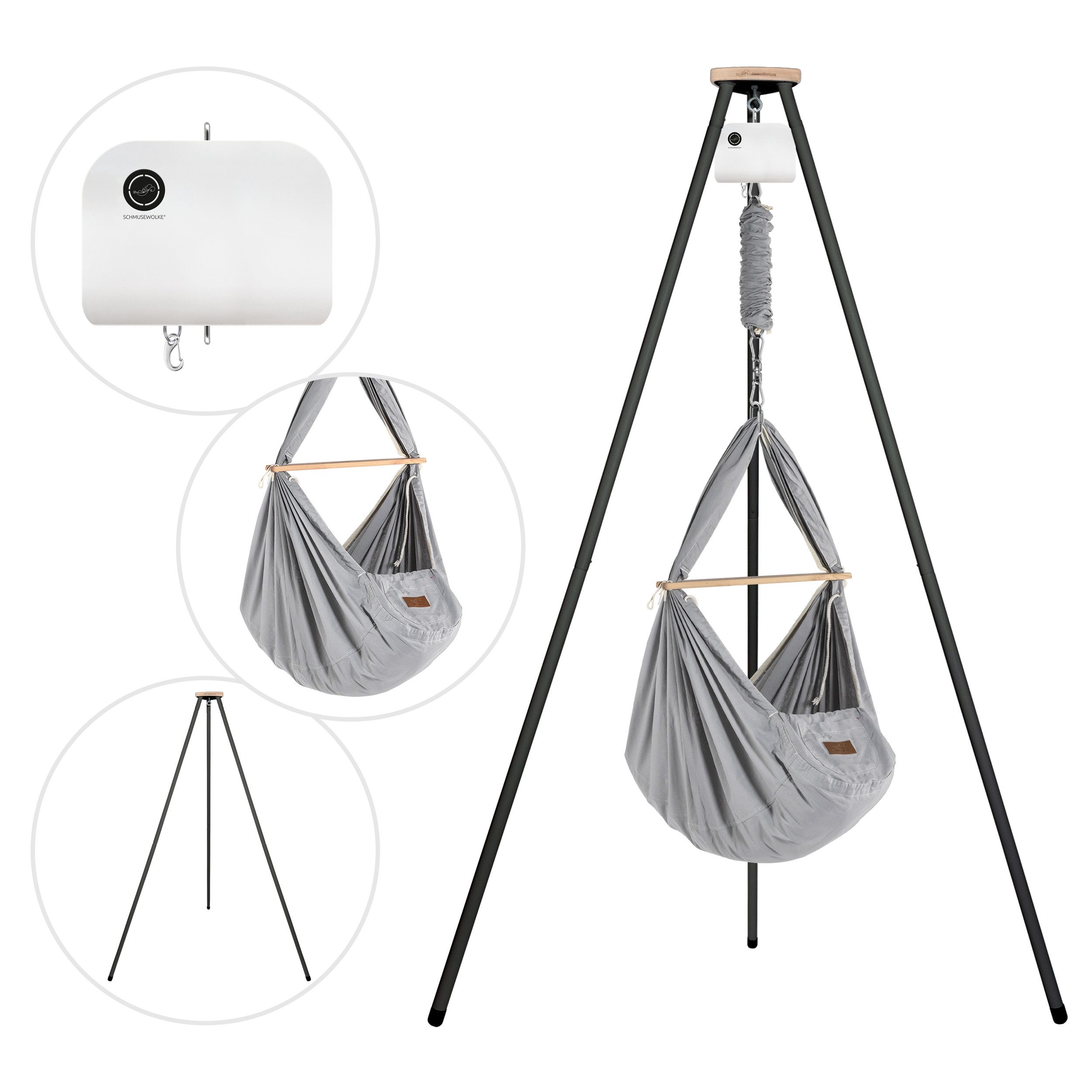 Stubenbett Federwiege Bio Grey mit Tipi Anthrazit und Motor