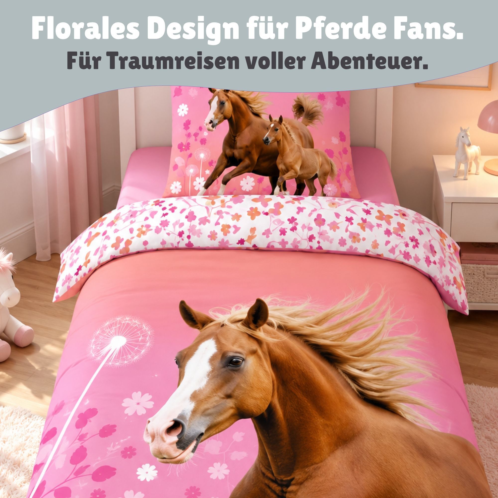 Familando Kinderbettwäsche Pferde 135x200 80x80 cm Mädchen Bettwäsche Rosa Horse Floral, Renforcé, 2 teilig, 100% Baumwolle, mit geblümter Wendeseite – Bild 3 von 5