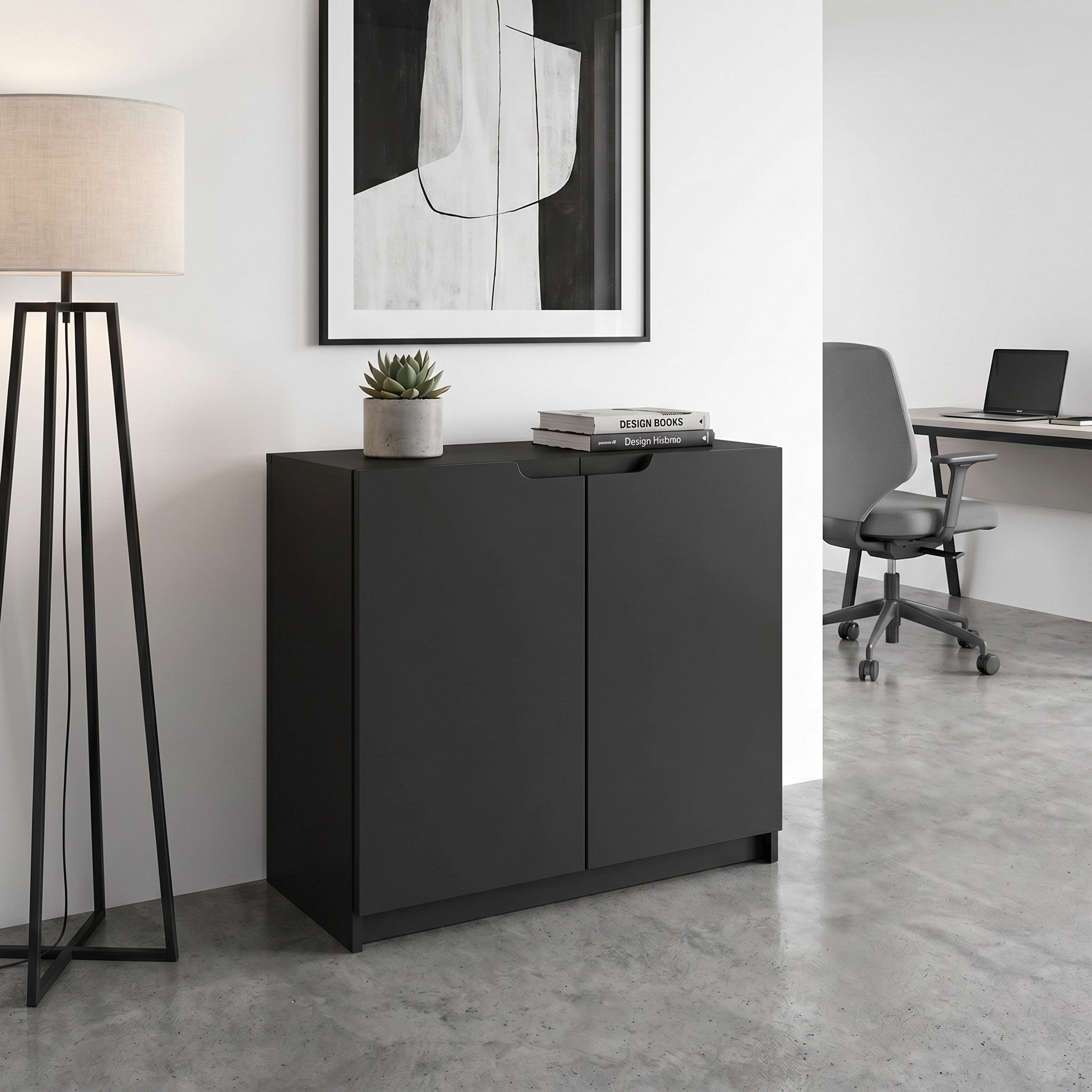 Vladon Kommode Logan (Kommode, mit 2 Türen), Schwarz matt/Schwarz matt (82 x 78 x 37 cm)