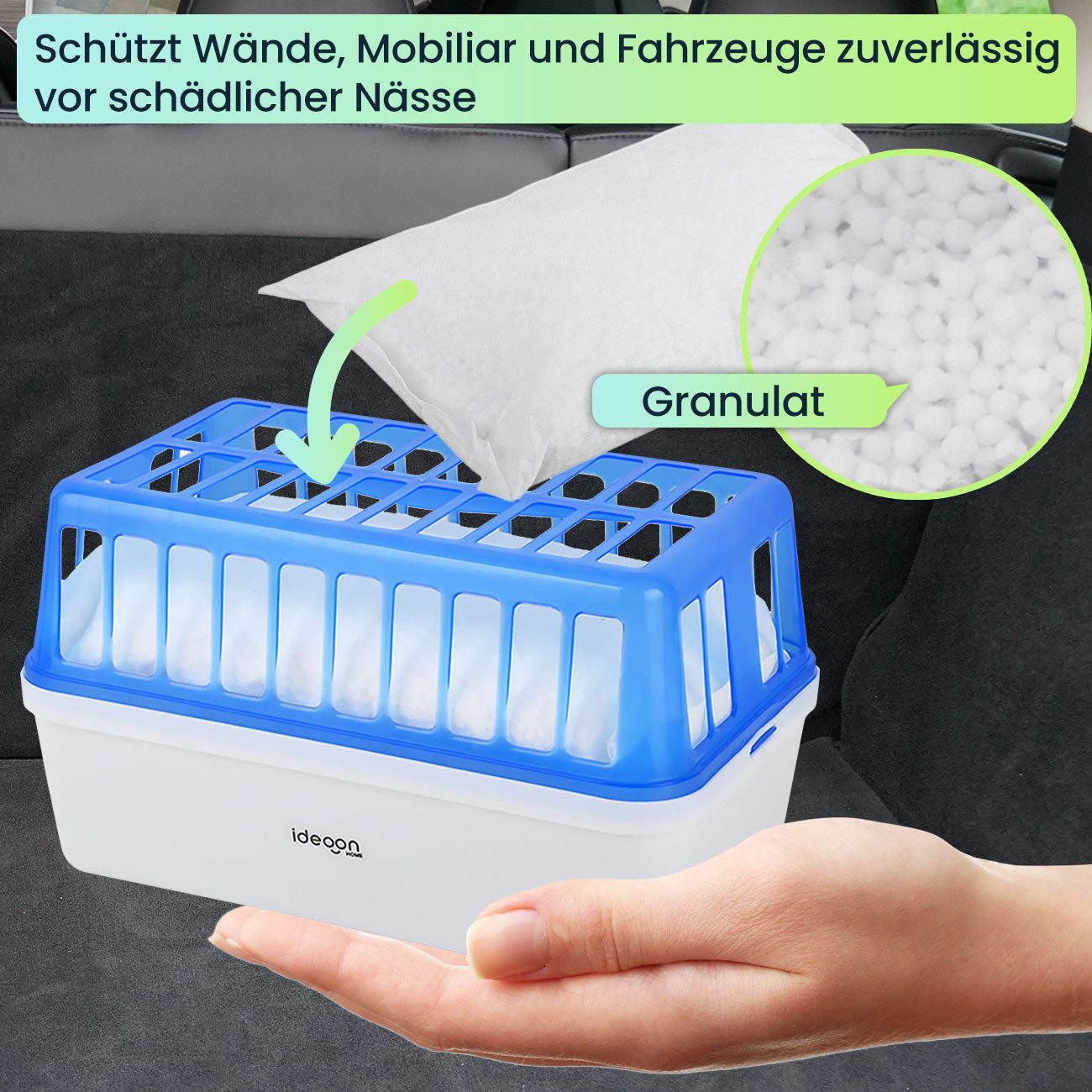 shop'n smile ideoon Granulat-Luftentfeuchter Raumentfeuchter stromlos bis 50 m², 1,2 kg Granulat, 2,5 l Behälter, Entfeuchtet bis 50 m², wirksam bis zu 3 Monate, wiederbefüllbar