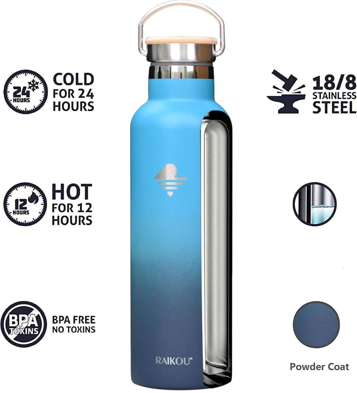 Deckel,350ml/500ml/750ml/1000ml 12H bis Seeblau/Dunkelblau Edelstahl kalt,mit RAIKOU Isolierflasche Vakuumisolierte heiß zu Trinkflasche Wasserflasche / Thermoflasche, 24H 2