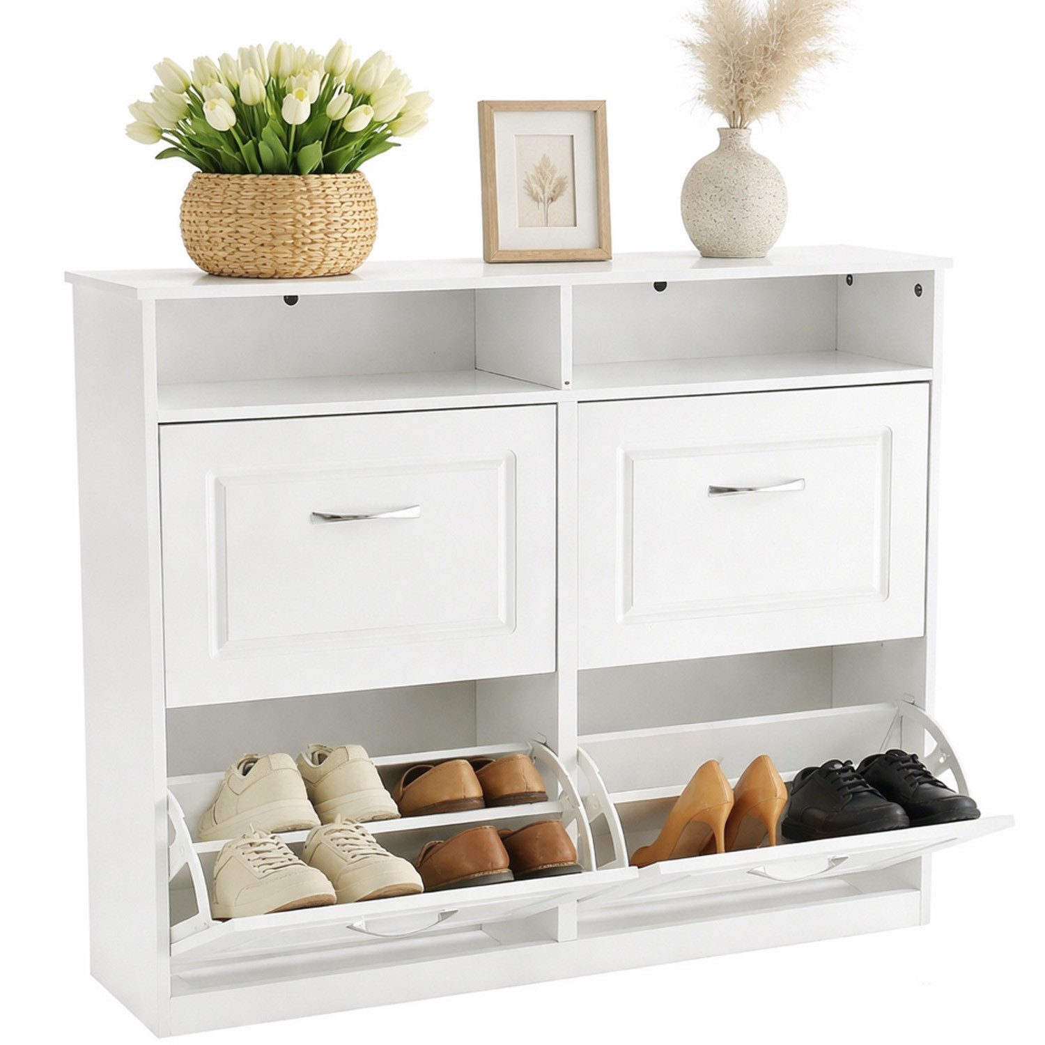 SURFOU Schuhschrank mit 4 Klappen platzsparender Schuhkipper Hoch Kommode (Schuhregal) Schuhaufbewahrung Trennwand verstellbar für 16-20 Paar Schuhe