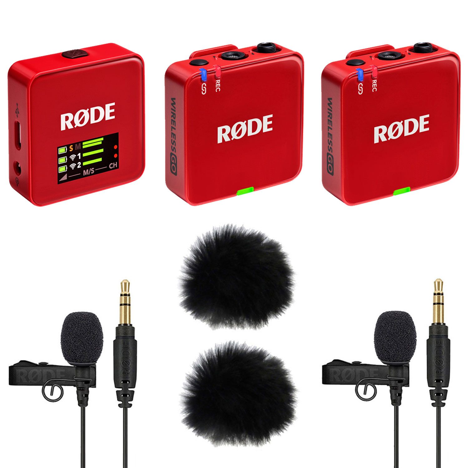 Rode Wireless GO Gen 3 Rot mit 2x Lavalier GO und 2x WS05 Digitales Aufnahmegerät